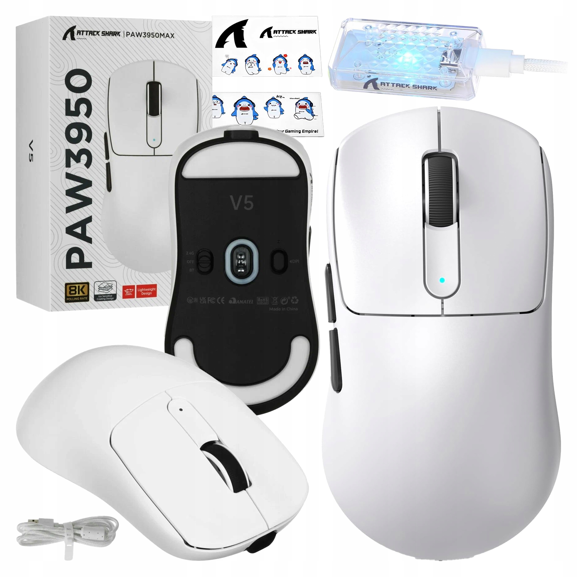 Attack Shark V5 (biała) bezprzewodowa myszka dla graczy Bt Usb-c 2.4GHz Rgb