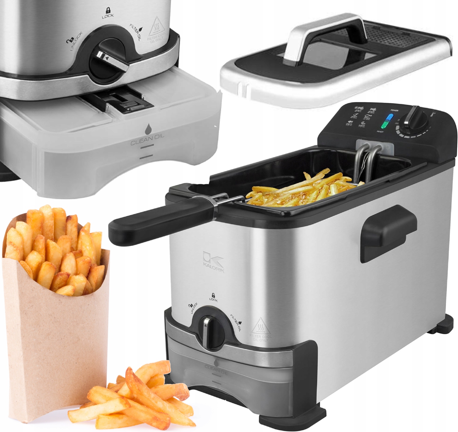 Frytkownica Olejowa 3L 2000W Tradycyjna Z Termostatem Filtrem Oleju XXL