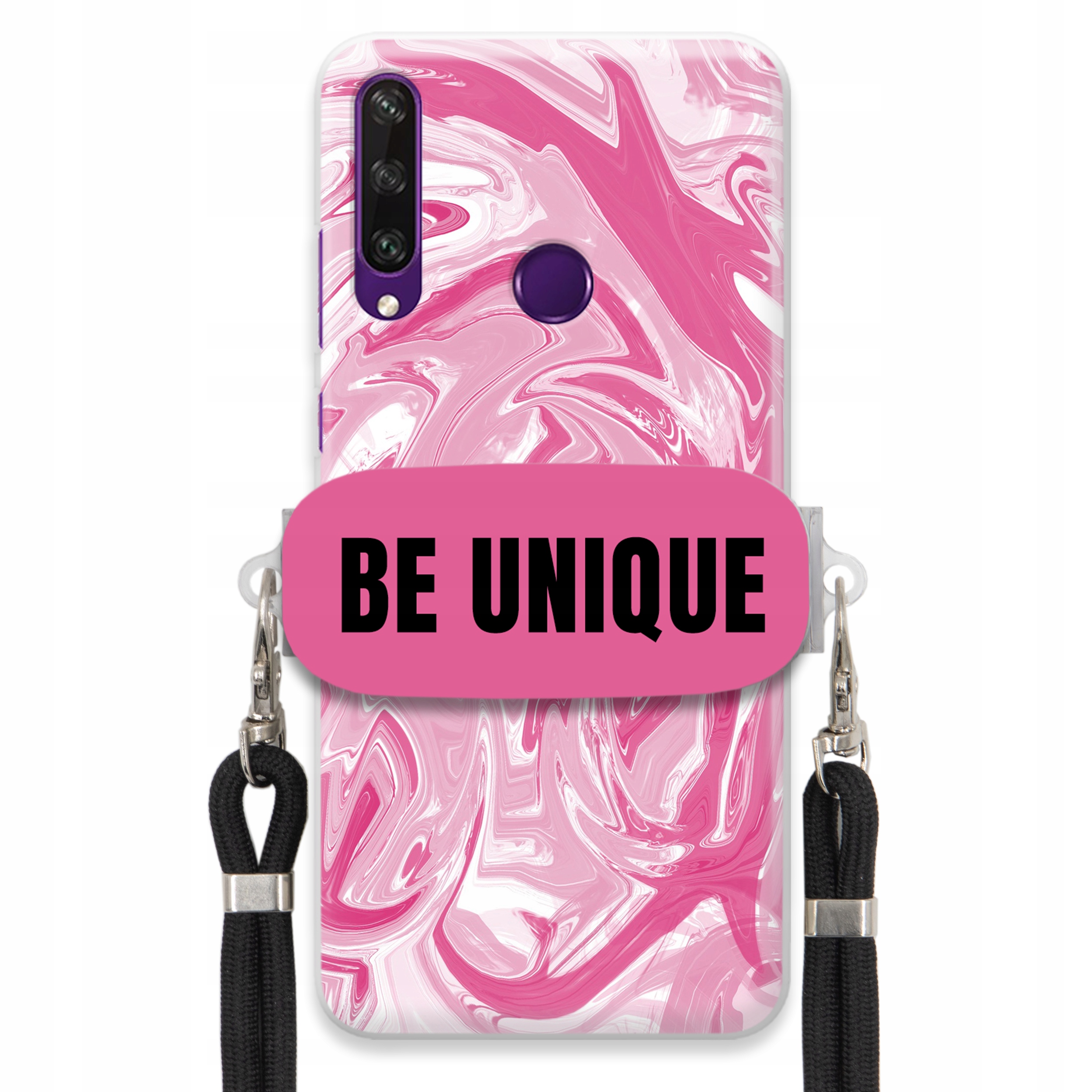 Pouzdro pro Huawei Y6P úchyt šňůrka Černý Růžový Mramor Be Unique