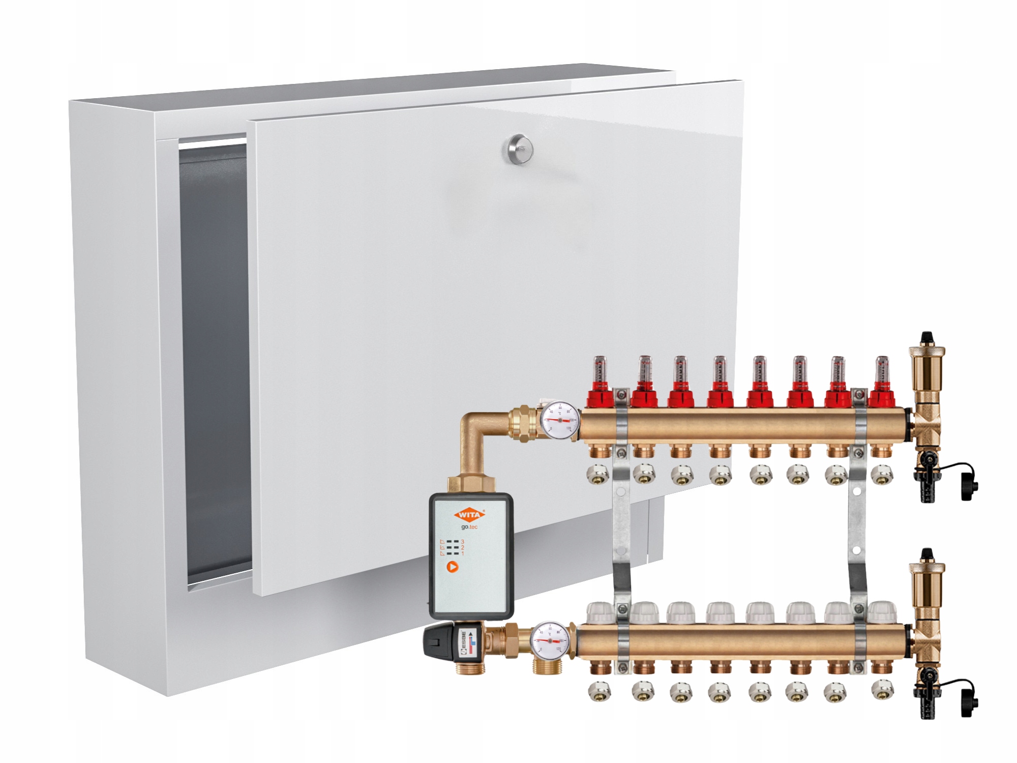 Mosazný Rozdělovač Podlahové Krytiny 8+ČERPADLO Vítá Go.tec+nástěnná Skříňka+pex