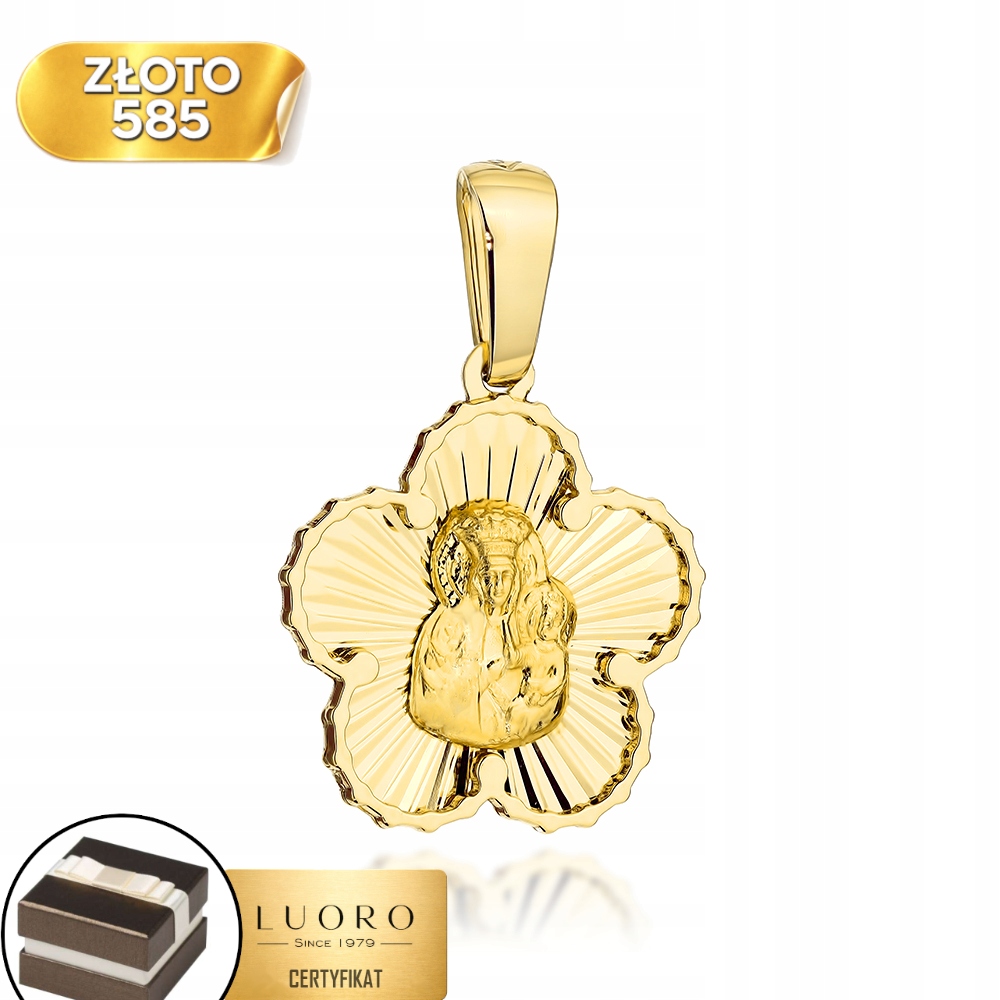 Zlatý Medailon 585 14K Panna Maria Čenstochovská Diamantová Květina 2 CM