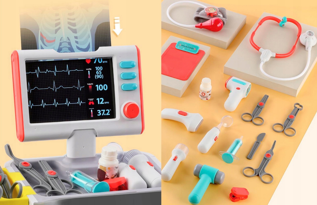 LEKARZ NA WÓZKU STACJA MEDYCZNA DLA DZIECI MAŁY LEKARZ ŚWIATŁO DŹWIĘK Materiał plastik