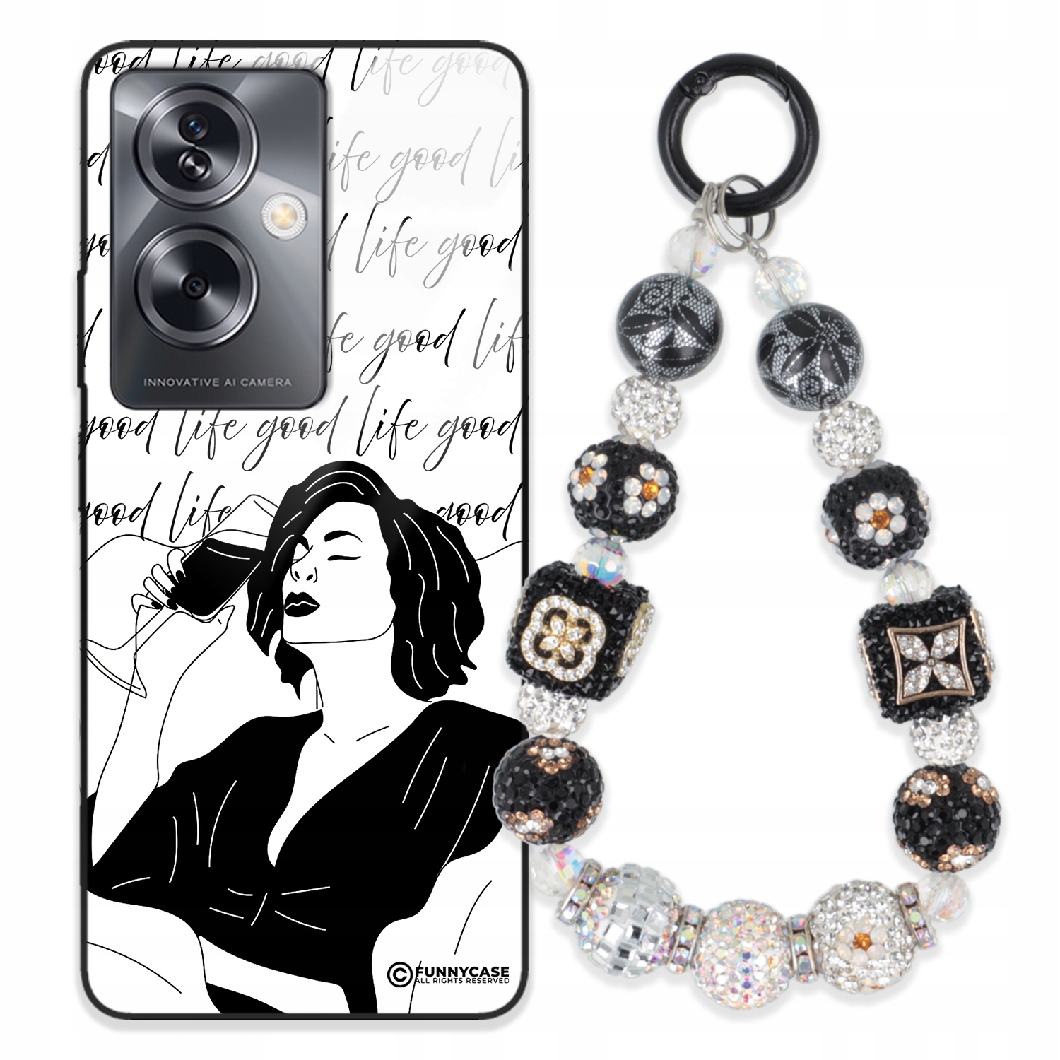 Puzdro Na Oppo A79 5G Sklo Ženské Čierno-biele Kľúčenka Strieborné Zirkóny
