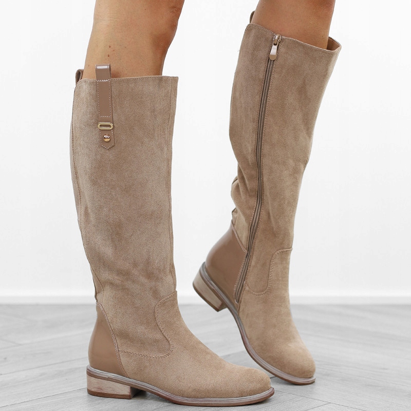 Khaki béžové ploché podpatky dámské zateplené kozačky elegantní kozačky dámské boty na zip