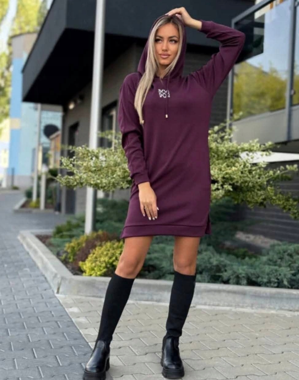 Polská dlouhá Mikina Šaty Kapuce Masełko Burgund L