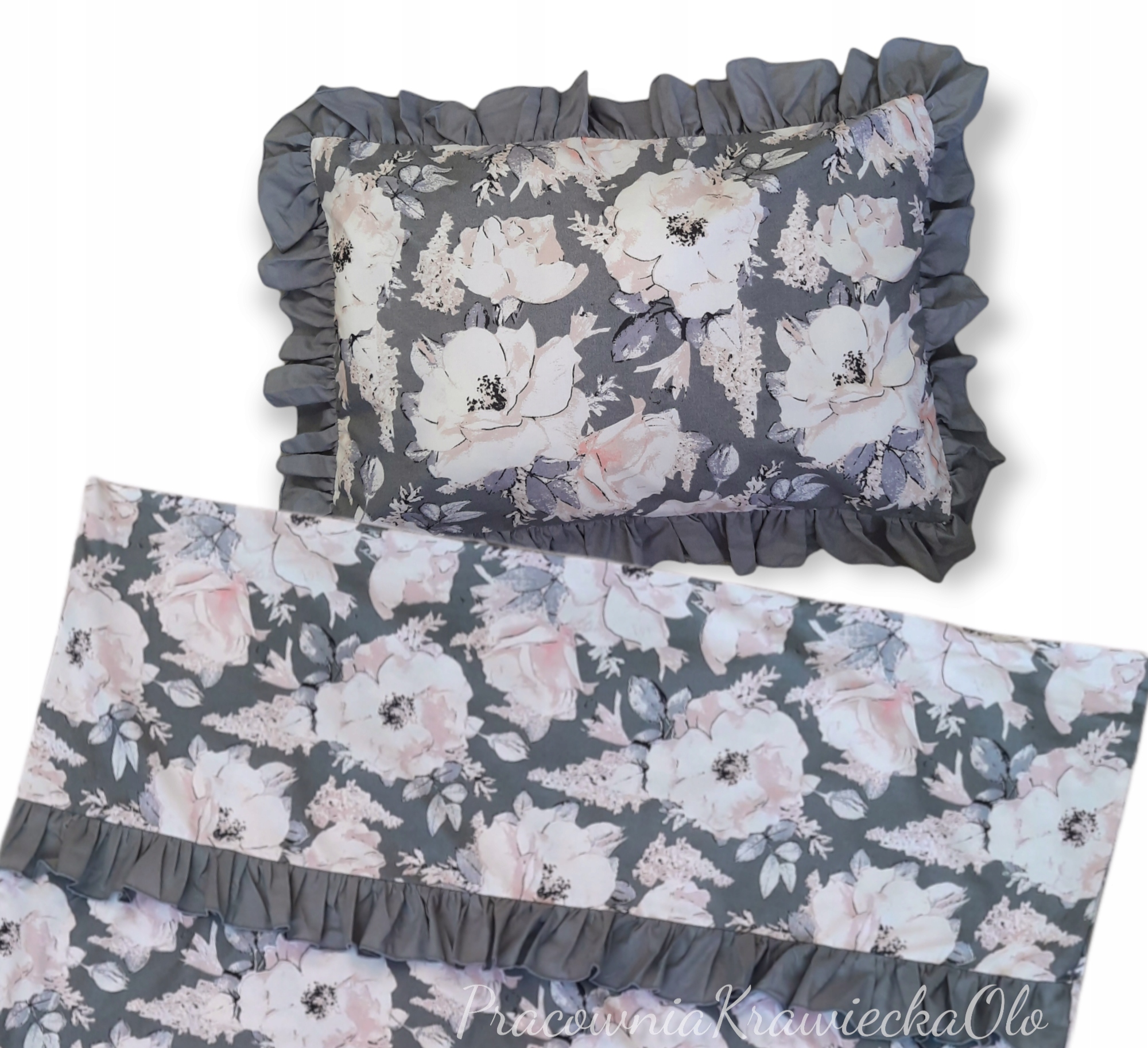 

pościel 120x90 Shabby Peonie szare falbanki 120
