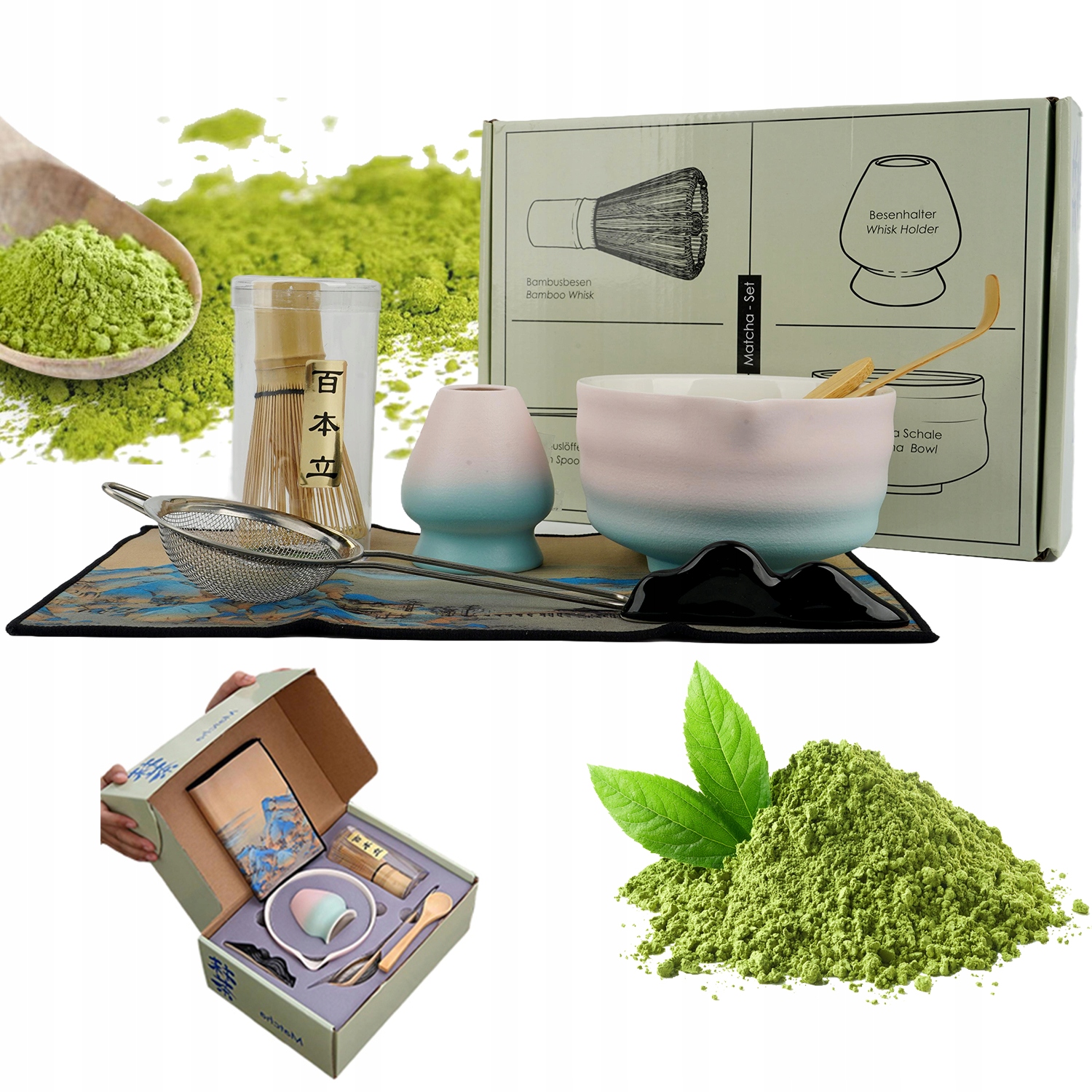 8DÍLNÁ Keramická Sada Na Matchu S Miskou A Šlehací Metlou A Lžící