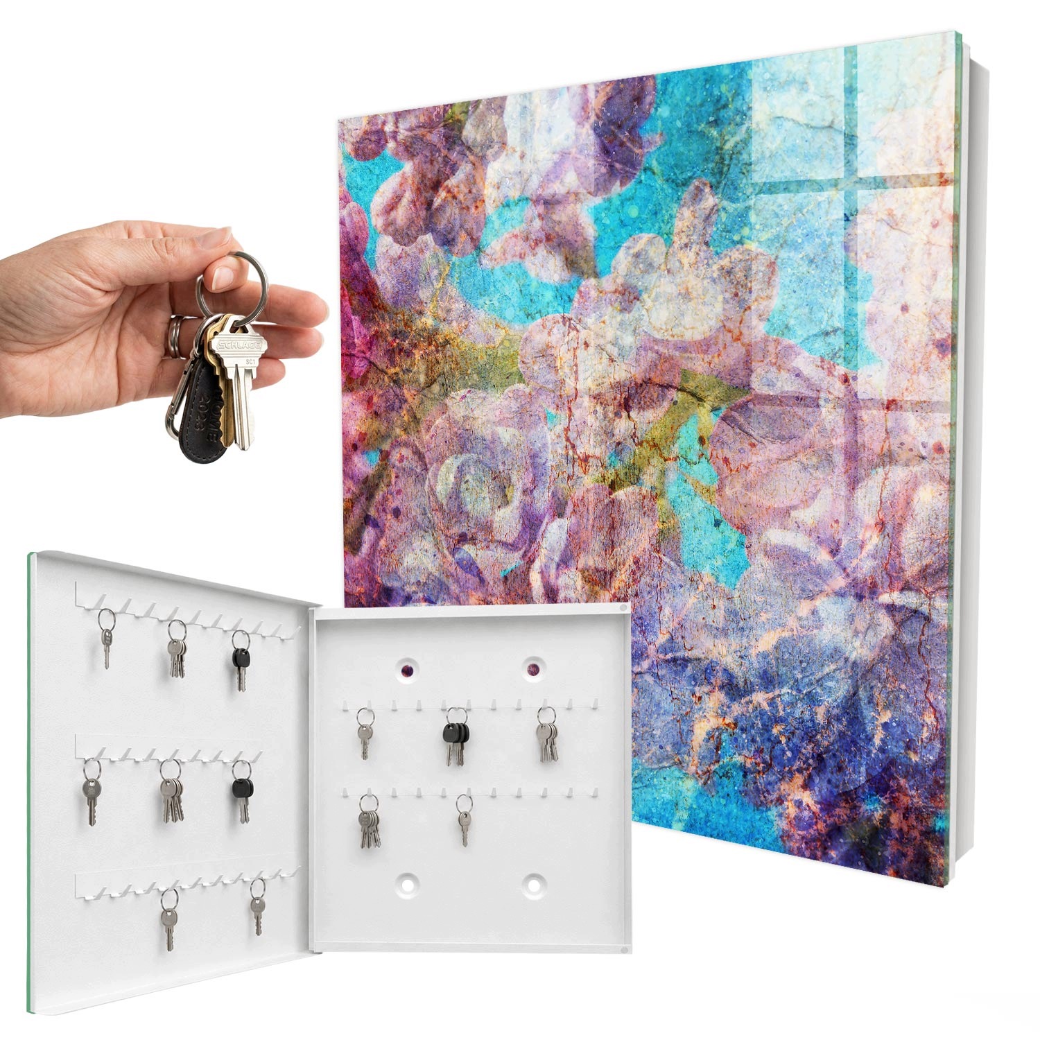 Věšák Organizér Kontejner na klíče Barevné Květiny Bílá Levá 30x30 cm