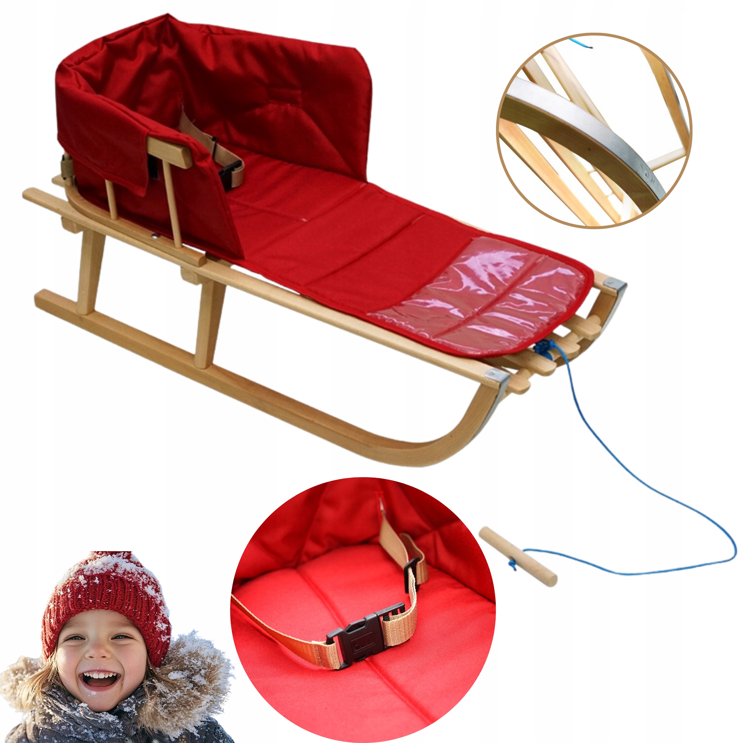 Sanki drewniane z oparciem materacyk dla dziecka Polskie Classic