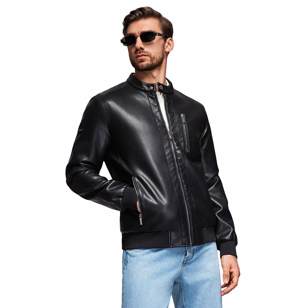 Pánská bunda z imitace kůže se stojáčkem černá V2 OM-JAFL-0109 XL