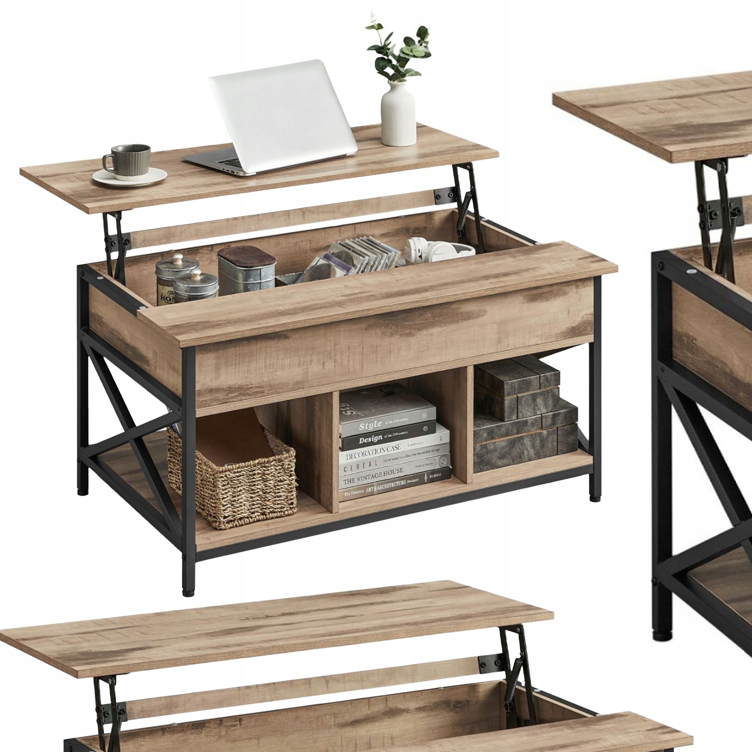 Konferenčný stolík s rozkladacou doskou, svetlohnedý, funkčná rustikálna lavička