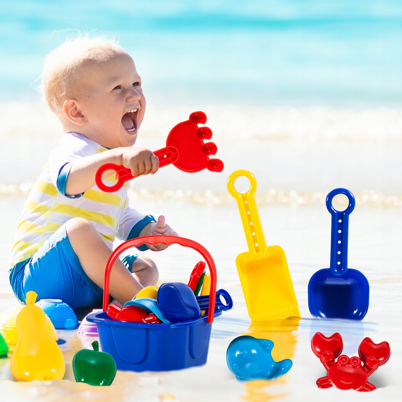 WIADERKO DO PIASKU PIASKOWNICY ŁOPATKI GRABKI SITKO KONEWKA FOREMKI 10 EL. Marka MalPlay