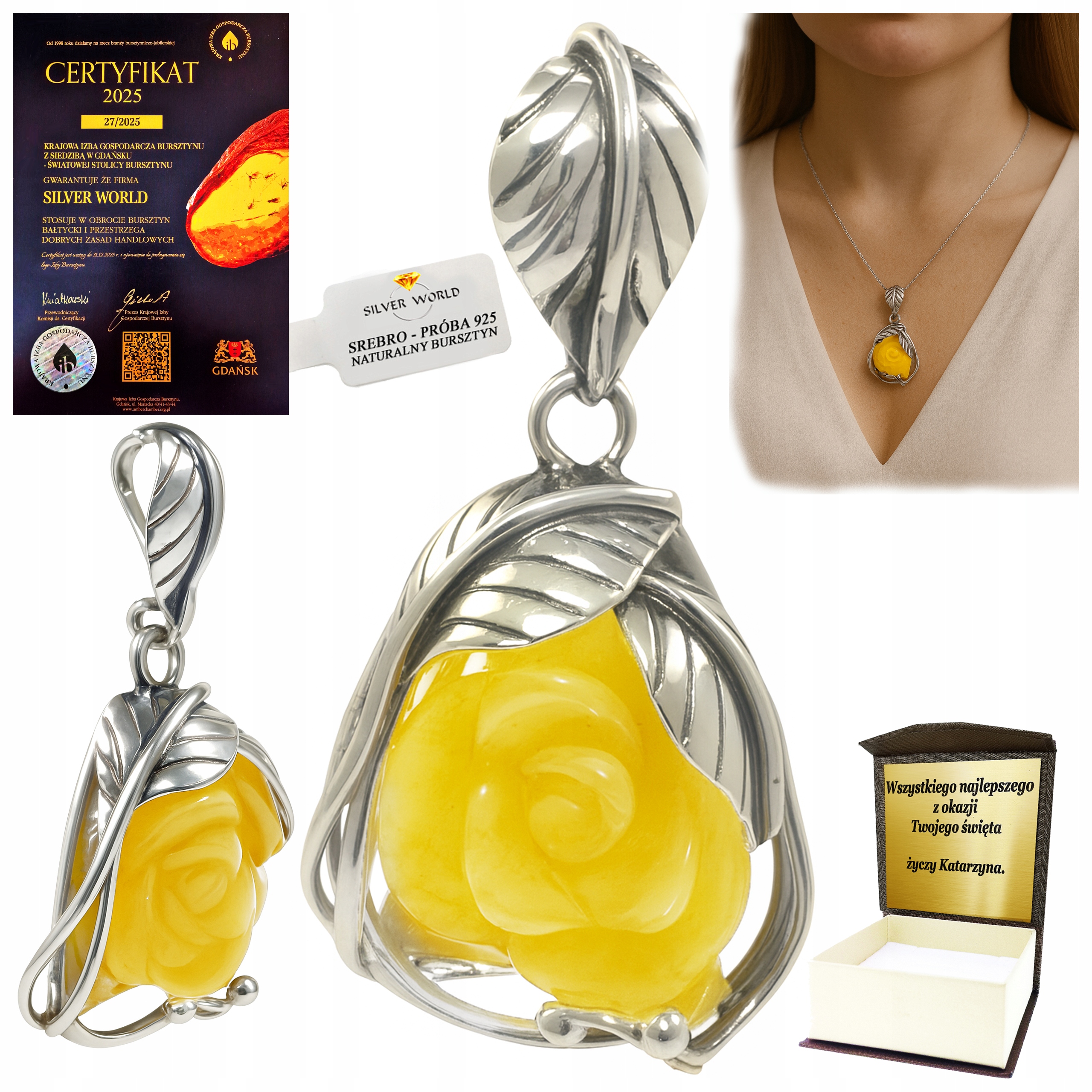 Stříbrný Přívěsek 925 S Baltskou Jantarovou Růží Jako Dárek Gravírování WB12