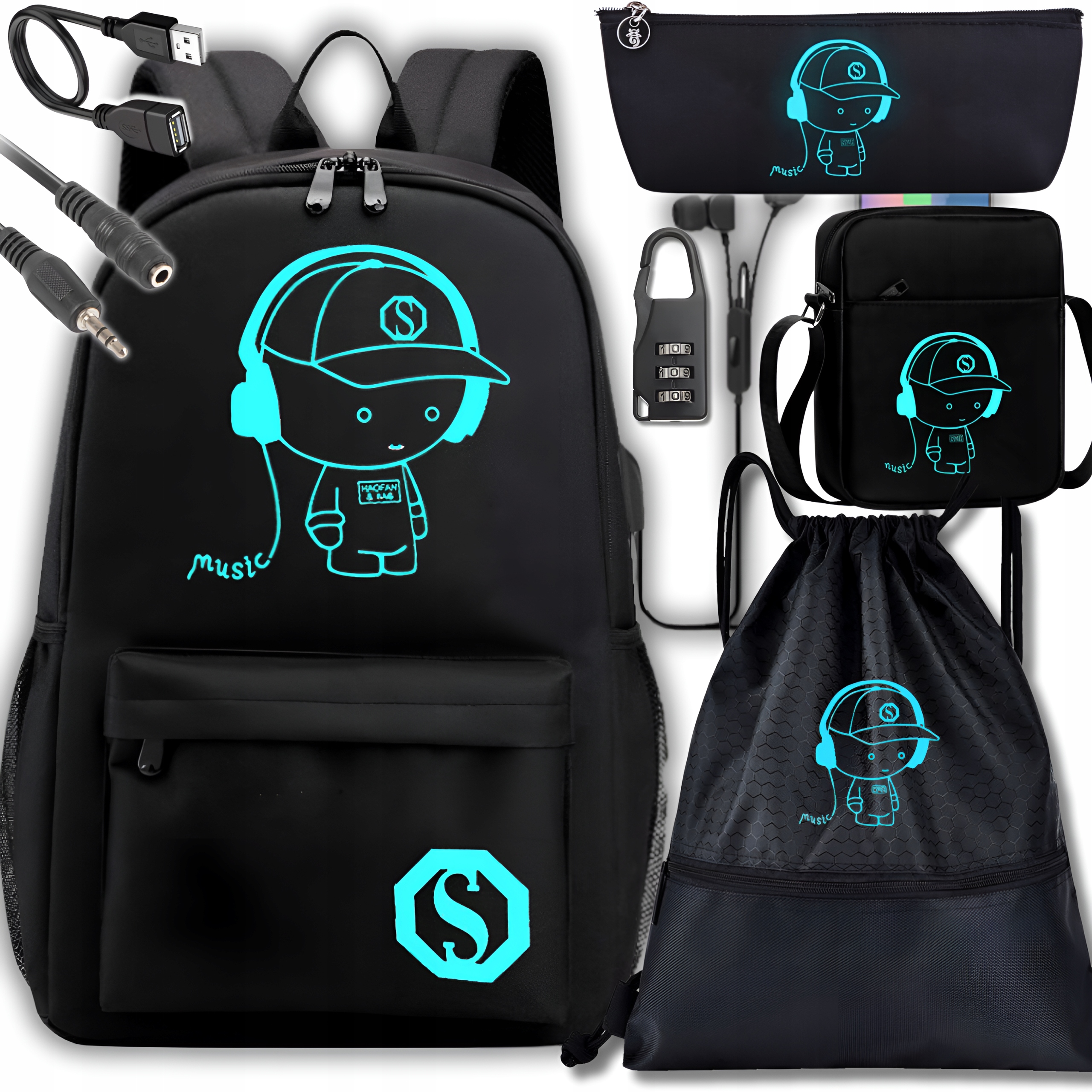 PLECAK SZKOLNY ŚWIECĄCY MŁODZIEŻOWY A4 WOREK PIÓRNIK LISTONOSZKA set4W USB