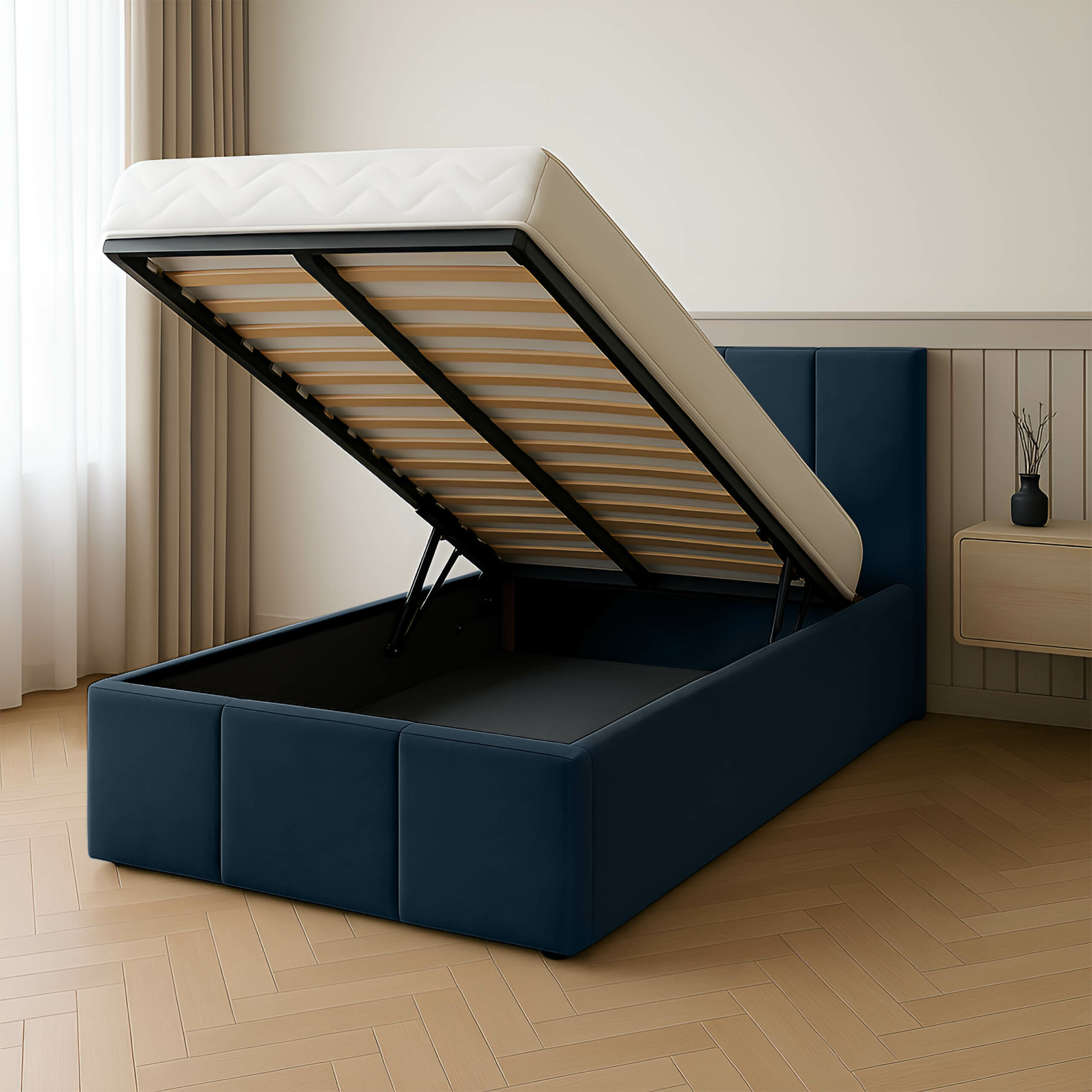 Jednolůžko 90x200 cm Čalouněné Lůžko S Úložným Prostorem, Tmavě Modré
