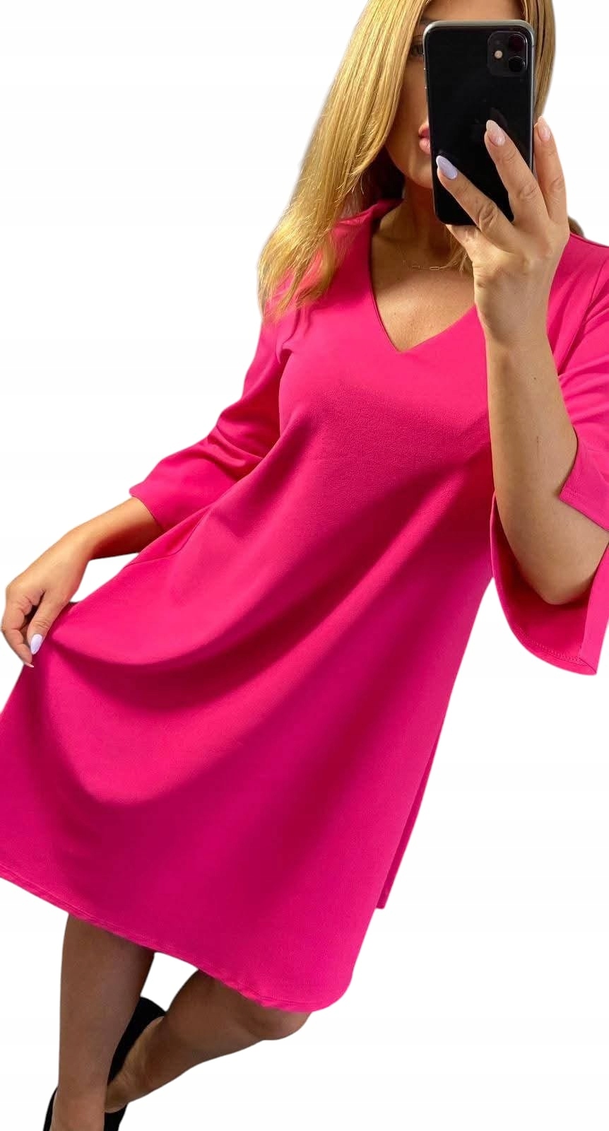 V0024 Šaty Rukáv Rozšířený Hladký Výstřih V-neck Fuksja vel. 38 (M)