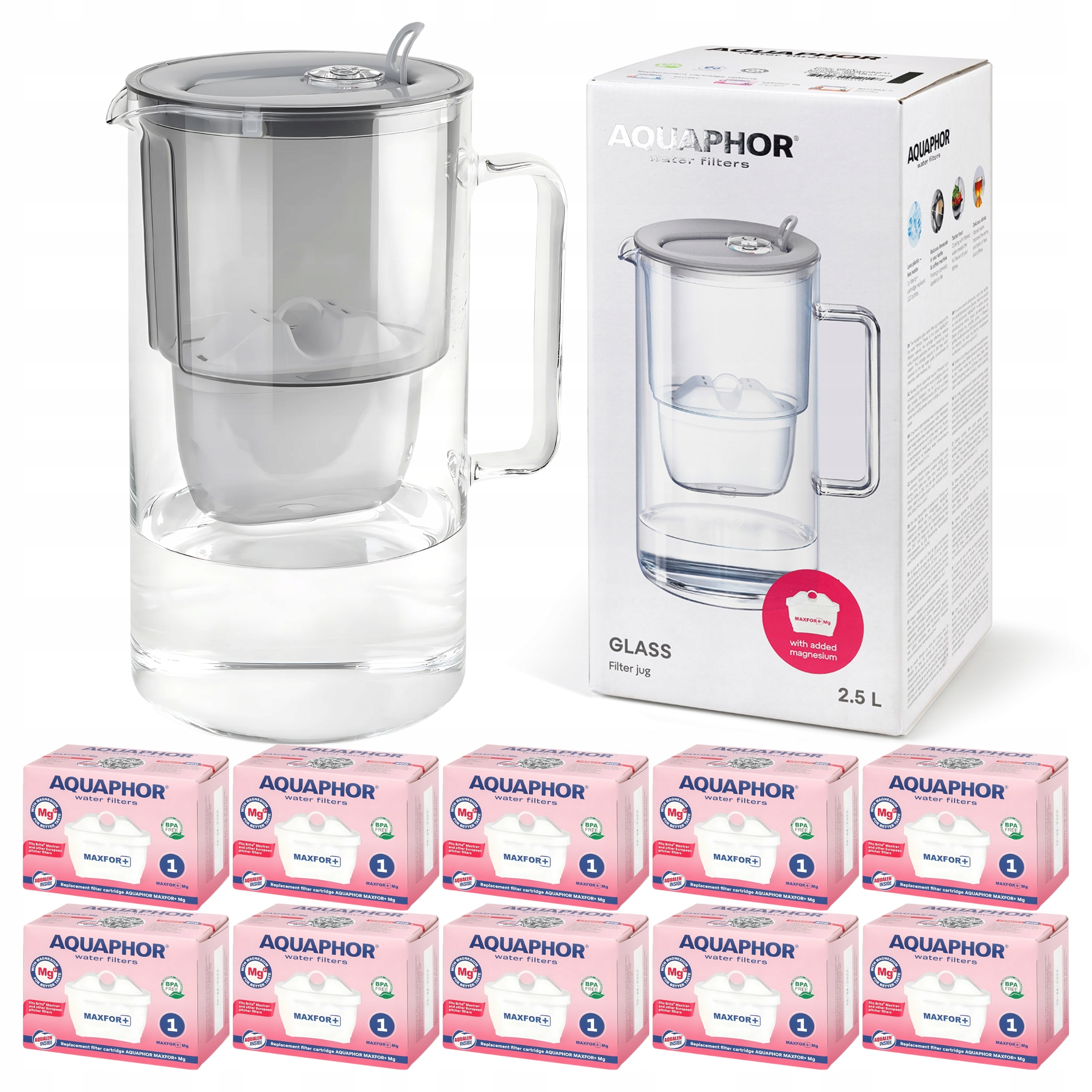 Filtrační konvice skleněná Aquaphor Glass Šedá 10 filtračních vložek Maxfor