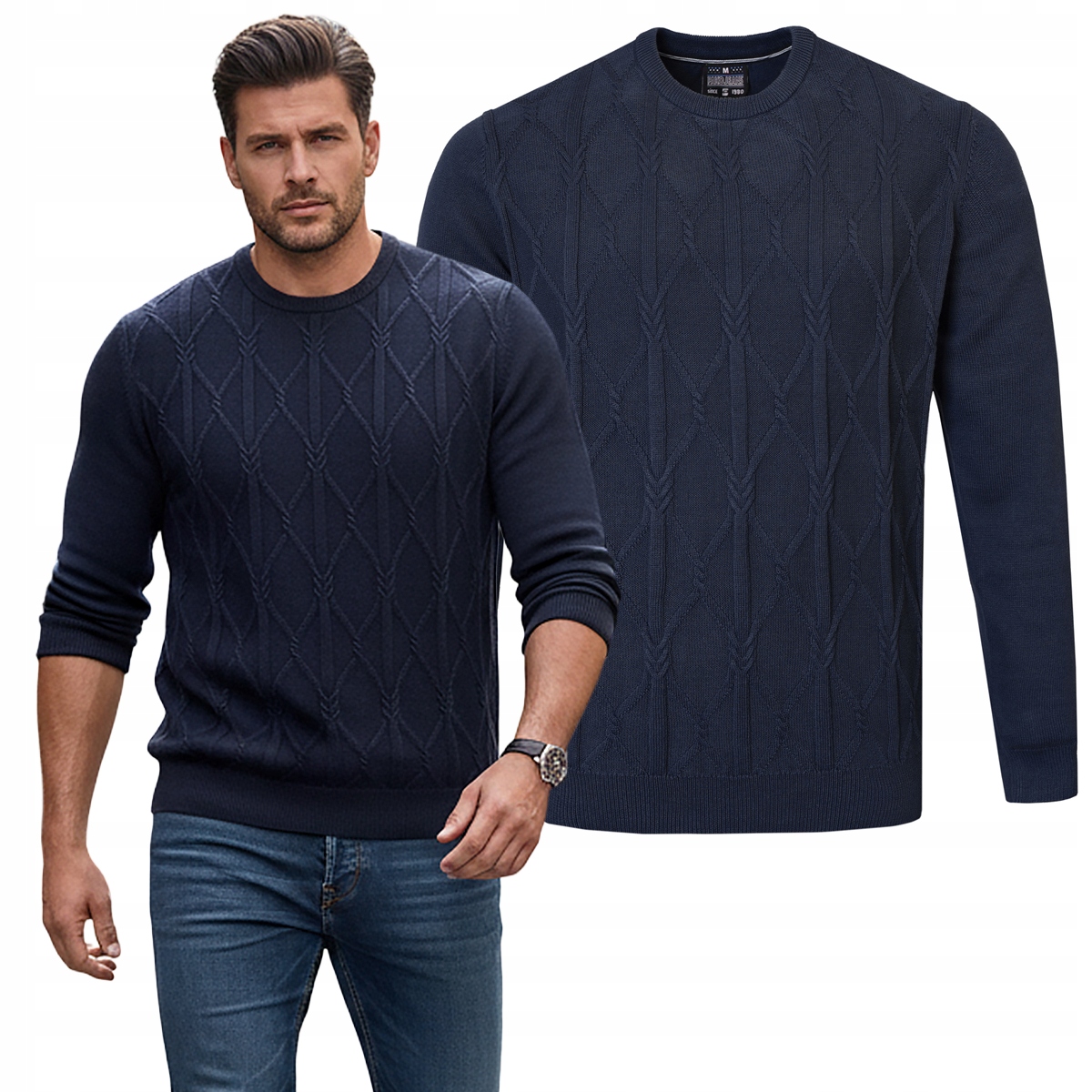 Elegantní pánský svetr s copánkem Tmavě Modrý Bavlněný L Pako Jeans