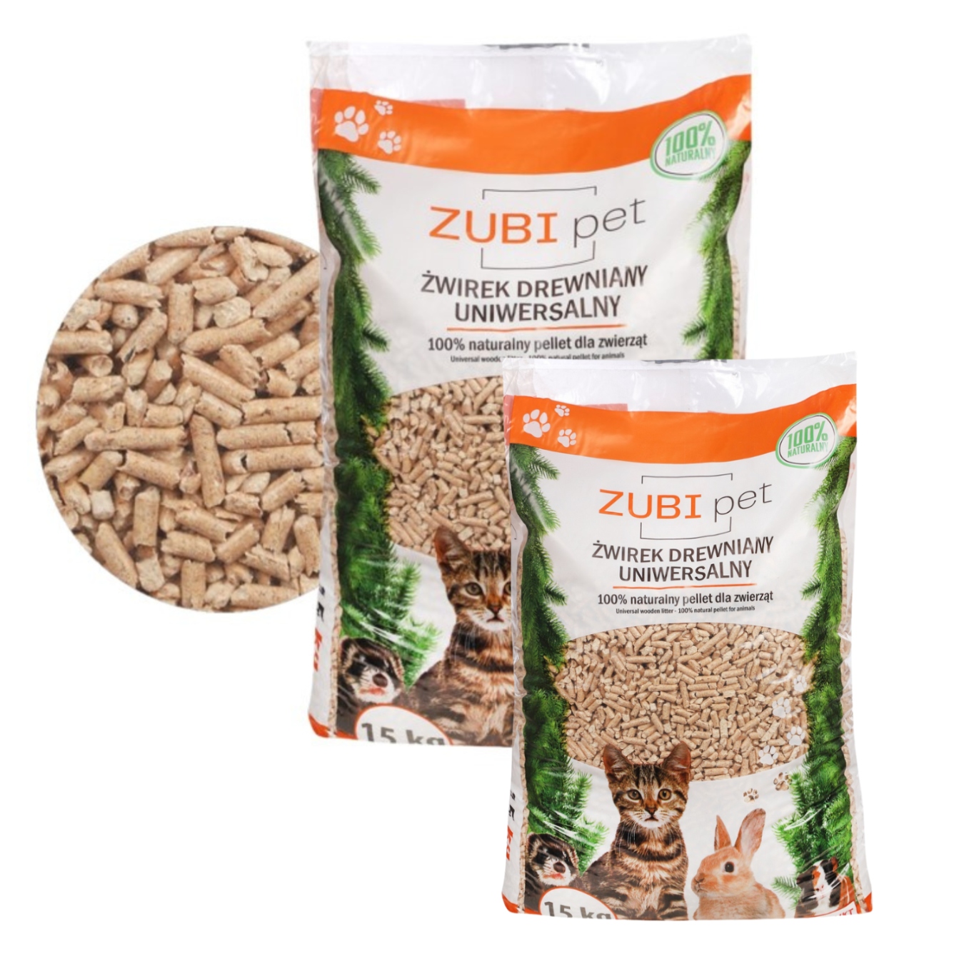 Żwirek drewniany pellet Naturalny Bez Chemii Zubipet 2x15kg dla kot królik