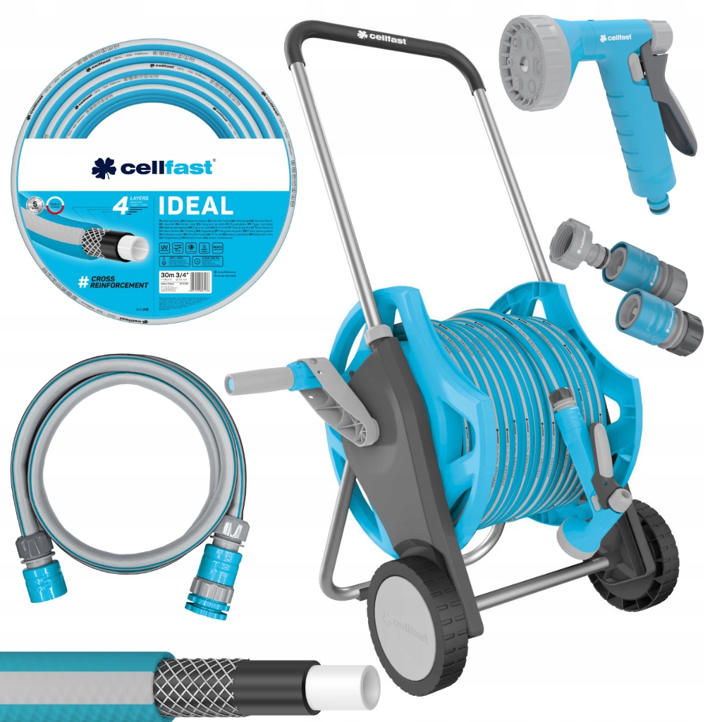 CELLFAST WĄŻ OGRODOWY NA WÓZKU BĘBEN ZWIJACZ ZESTAW ZRASZACZ MOCNY 3/4" 30M