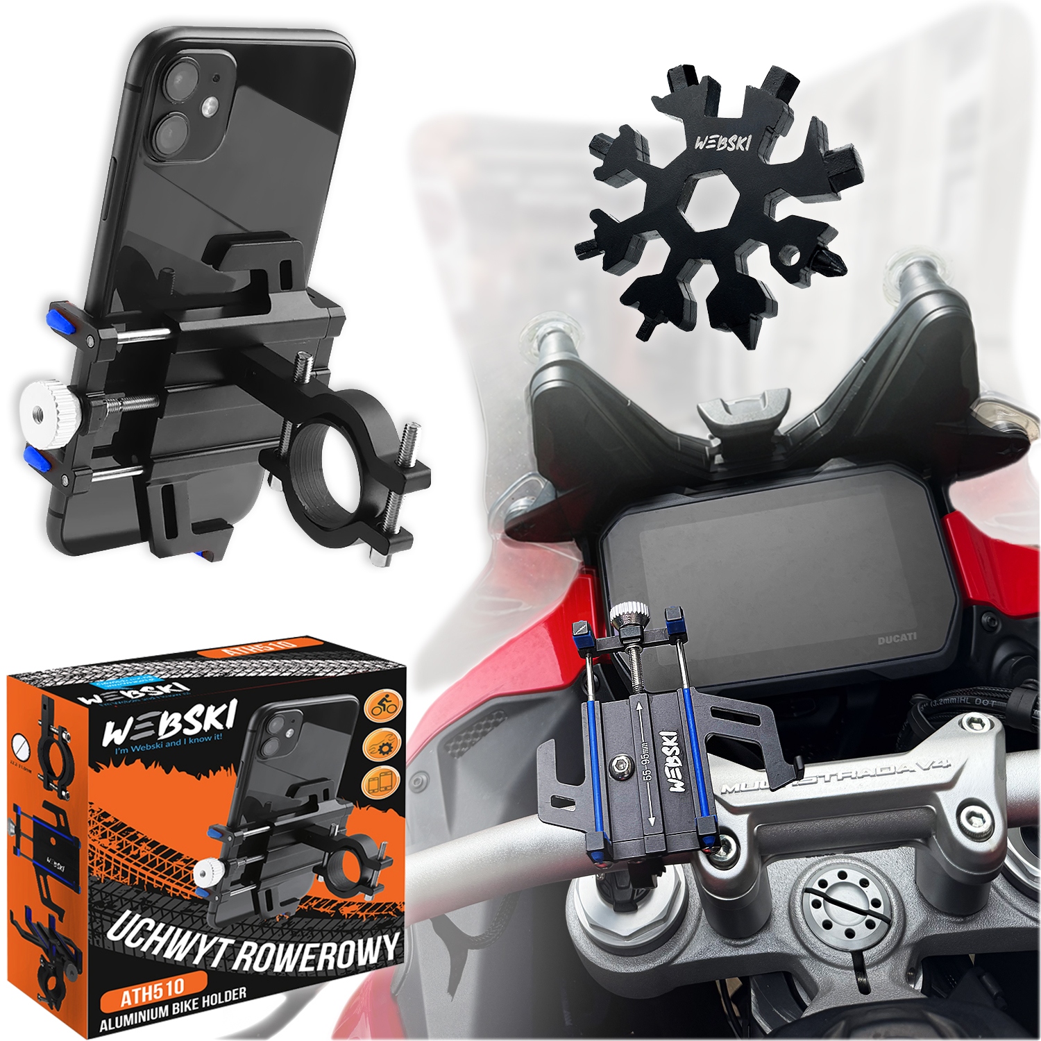Aluminiowy Uchwyt Na Motocykl Quad Rower Hulajnogę Do Telefonu +multitool