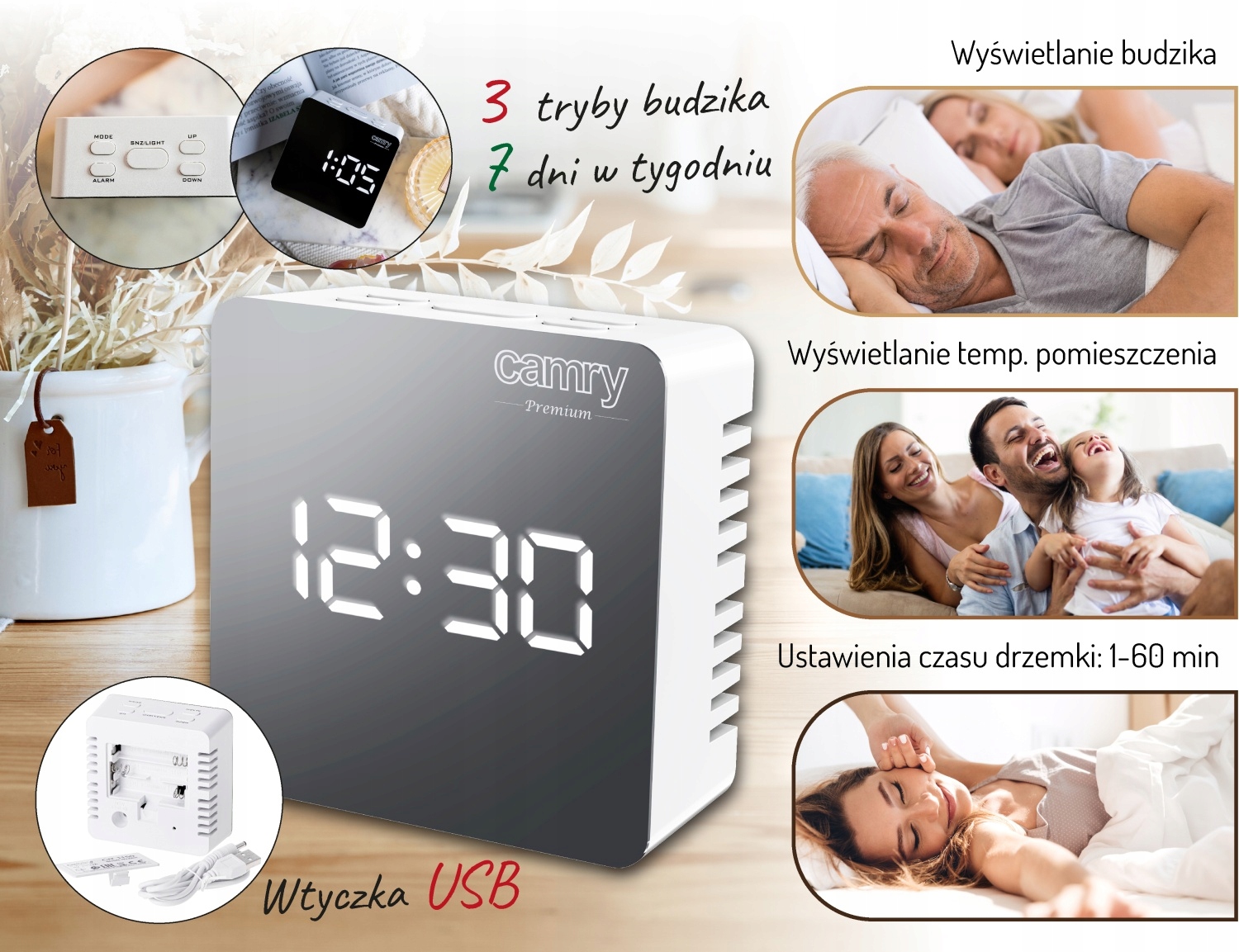 Budzik LED CR 1150 White z Wyświetlaczem Temperatury i 3 Trybami