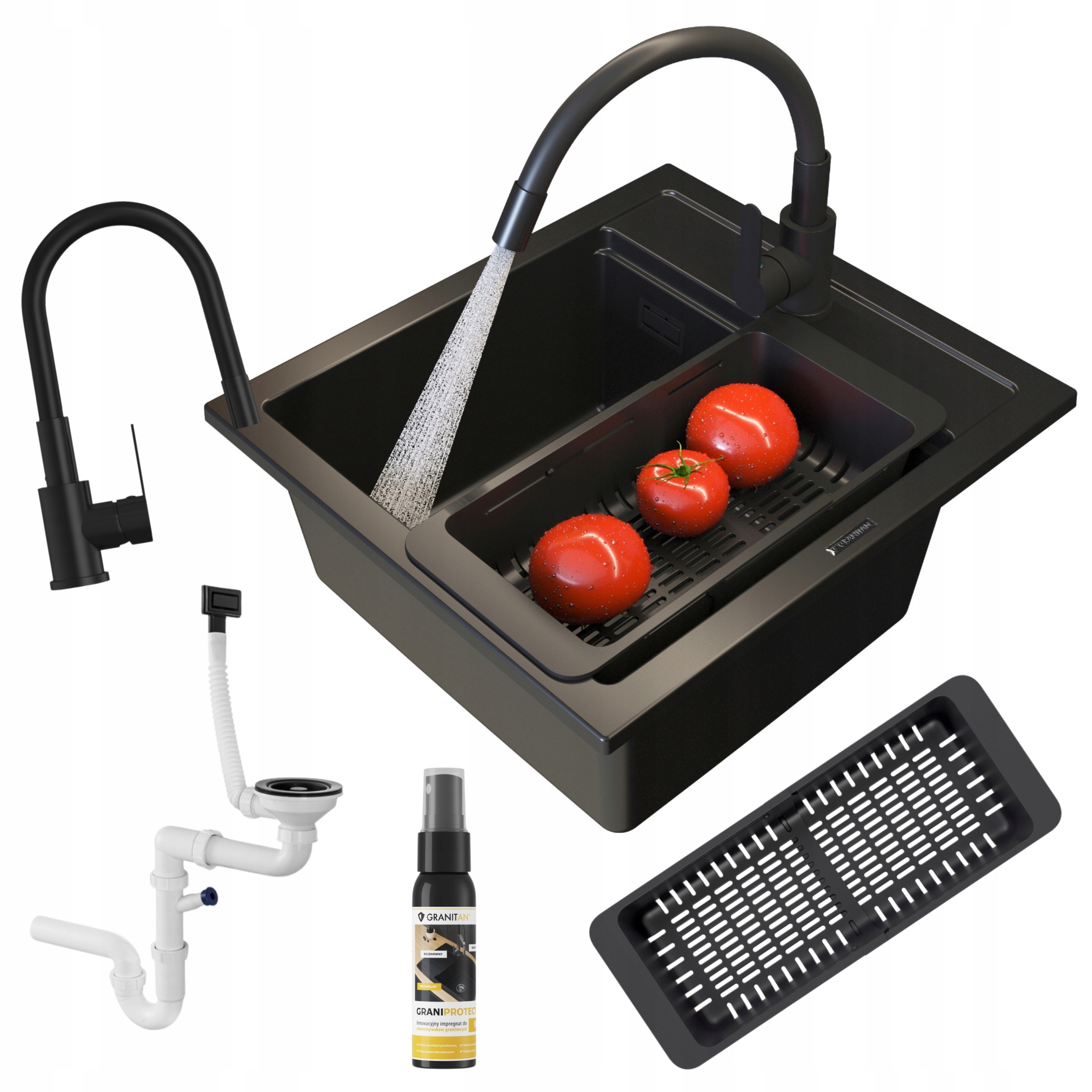 Dřez granitový dřez Stone M Set, baterie, sifon, košík