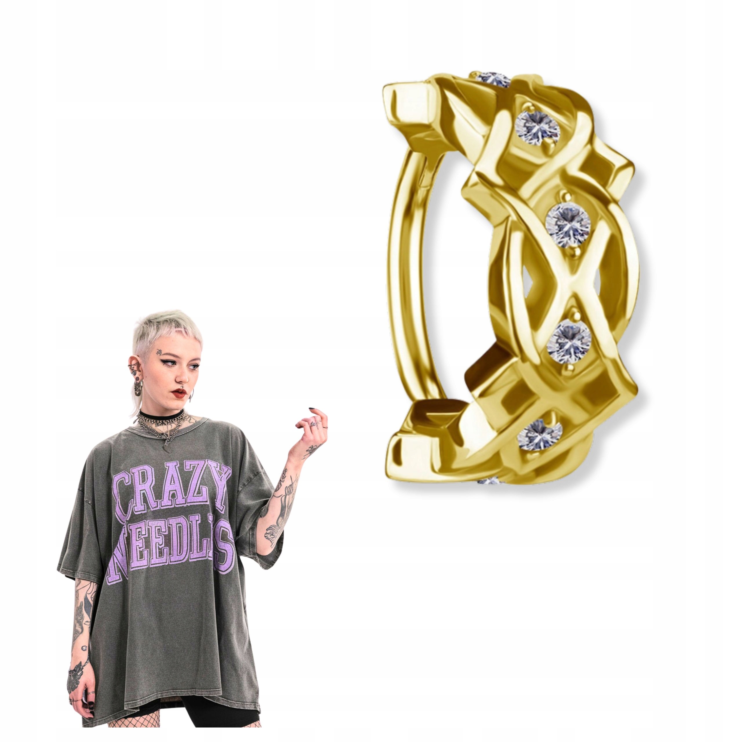 Náušnice kolečko clicker ozdobné zirkony bílé, zlatý piercing 1.2/10 mm