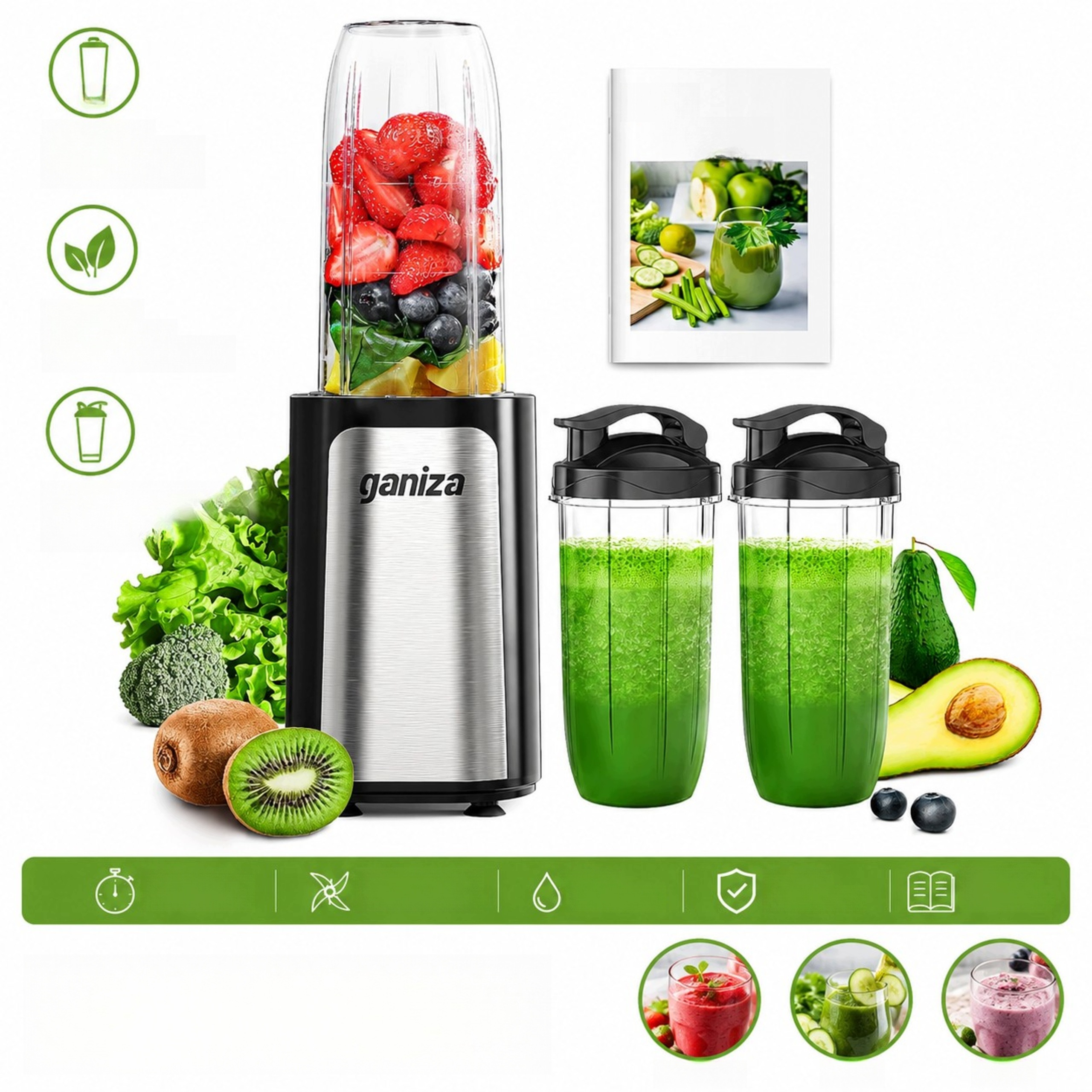 Kalichový mixér na smoothie Ganiza 900W Mini v sadě se 3 lahvemi