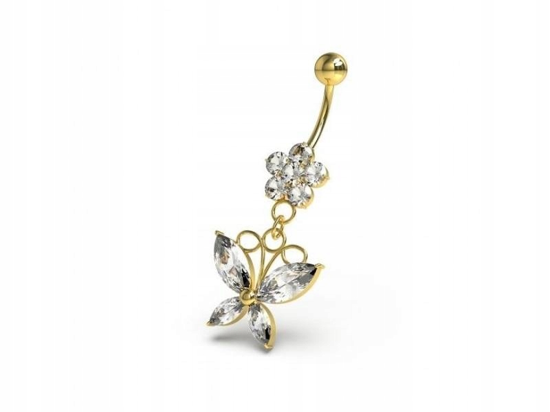 Stříbrná náušnice 925 s pupíkem, motýl a květina, pozlacená, s módními zirkony