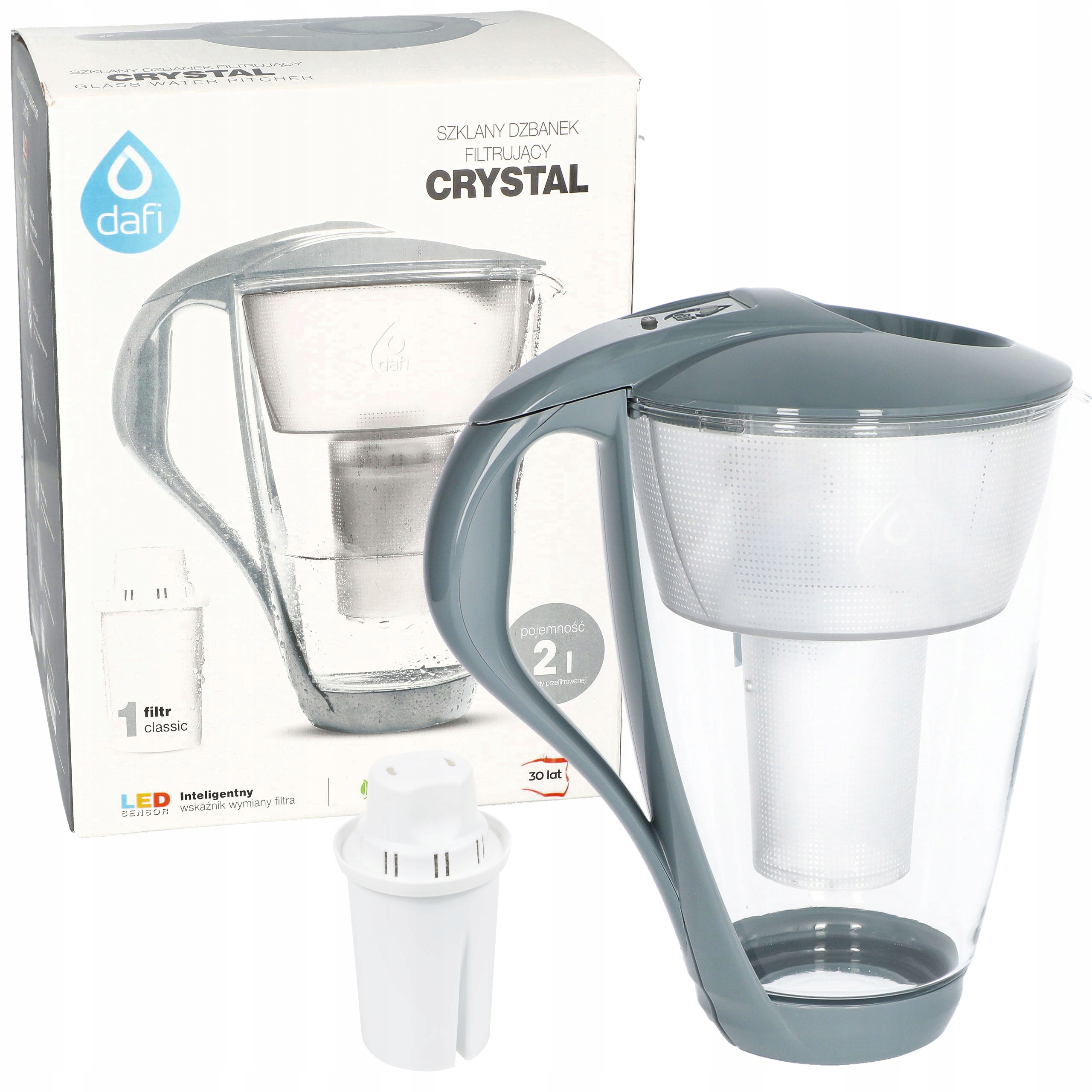 Dzbanek filtrujący wodę Szklany Dafi Crystal szary Led filtr classic 1 szt
