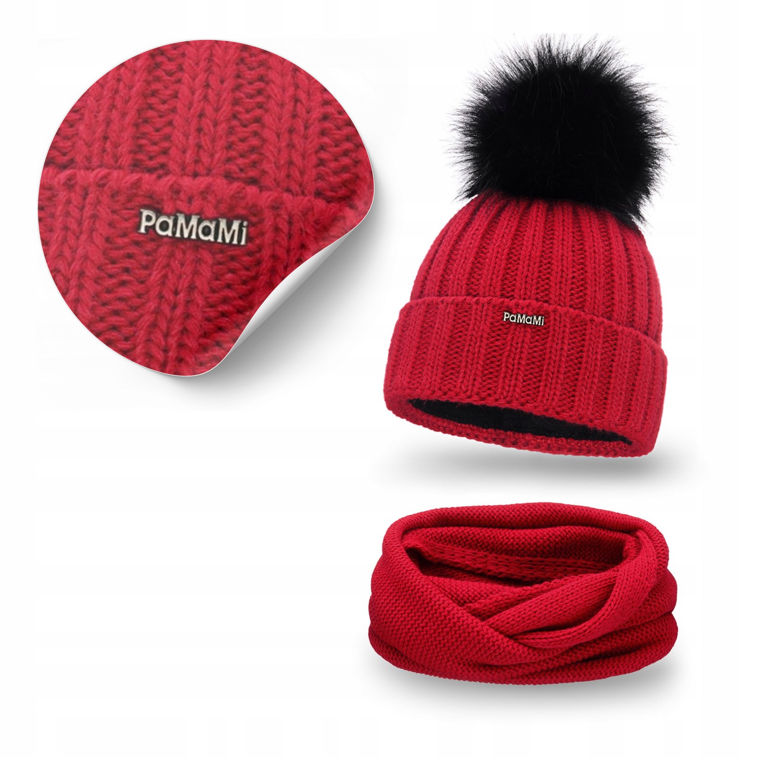 Dámský zimní komplet Červený Univerzální s Pomponem Čepice Teplá Nákrčník