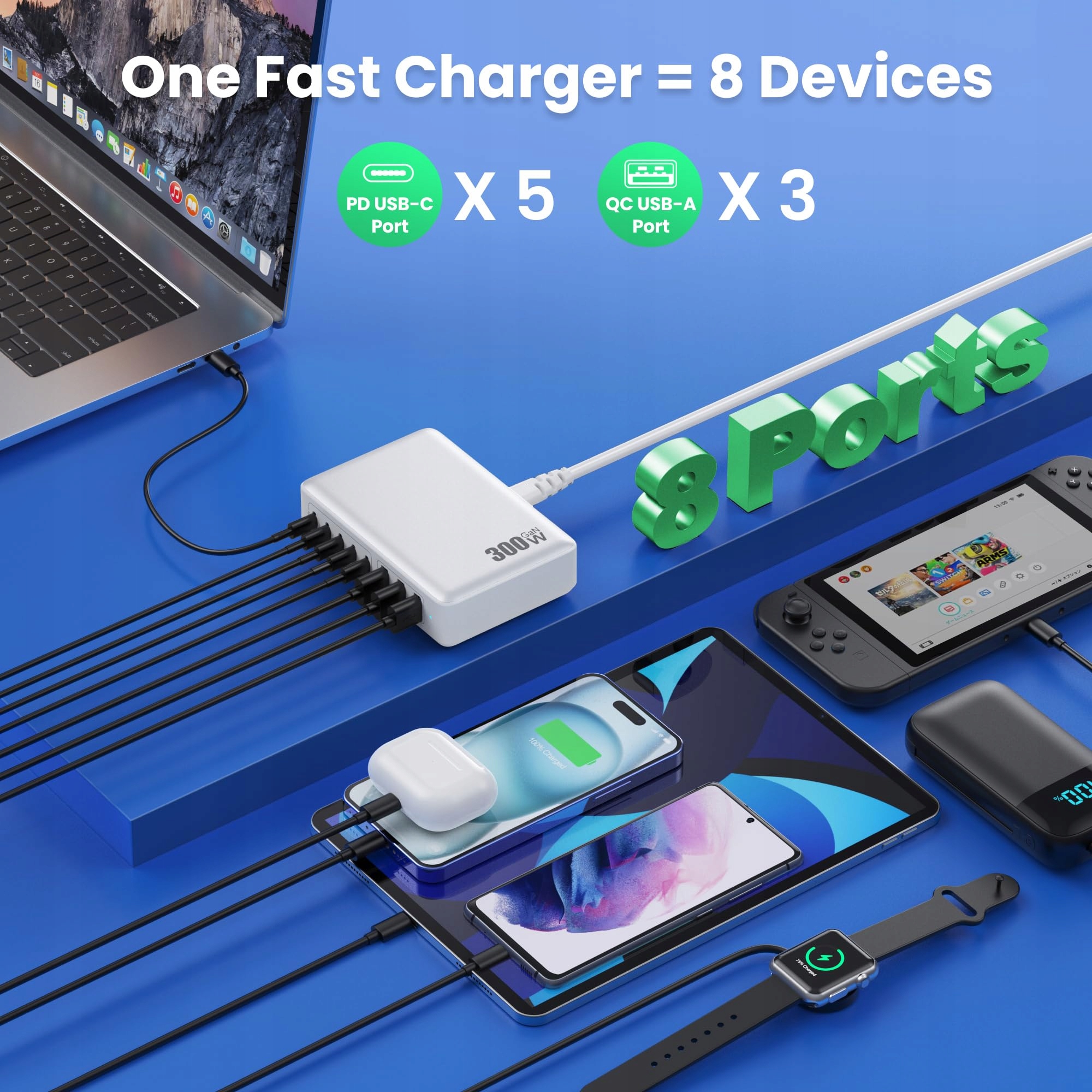 QODJN Ładowarka USB C 300W 8 Portów Szybkie Ładowanie Laptop MacBook iPhone — miniatura 3