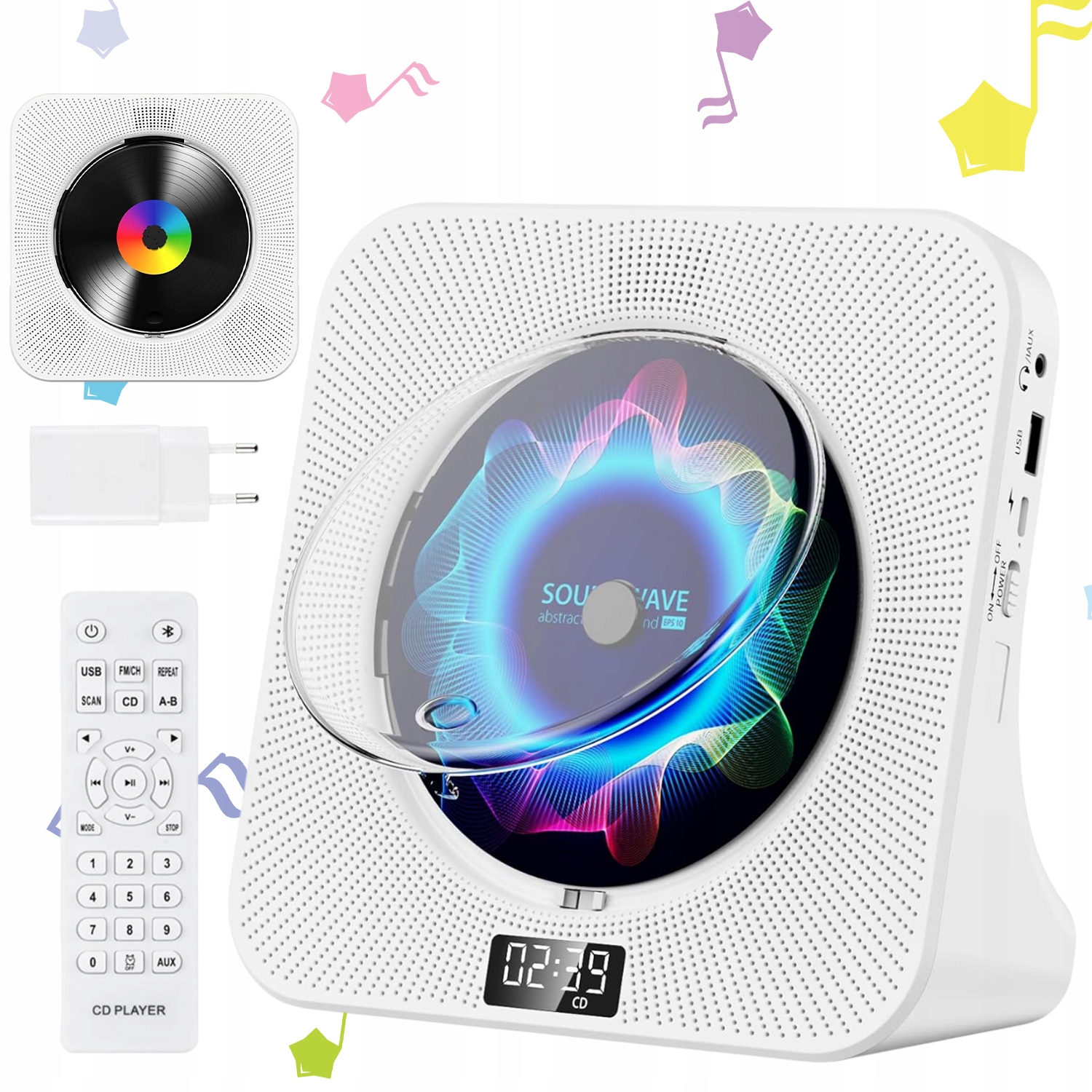Přenosný CD Přehrávač Podporuje Bluetooth Rádio Usb, Bílý, 10 W