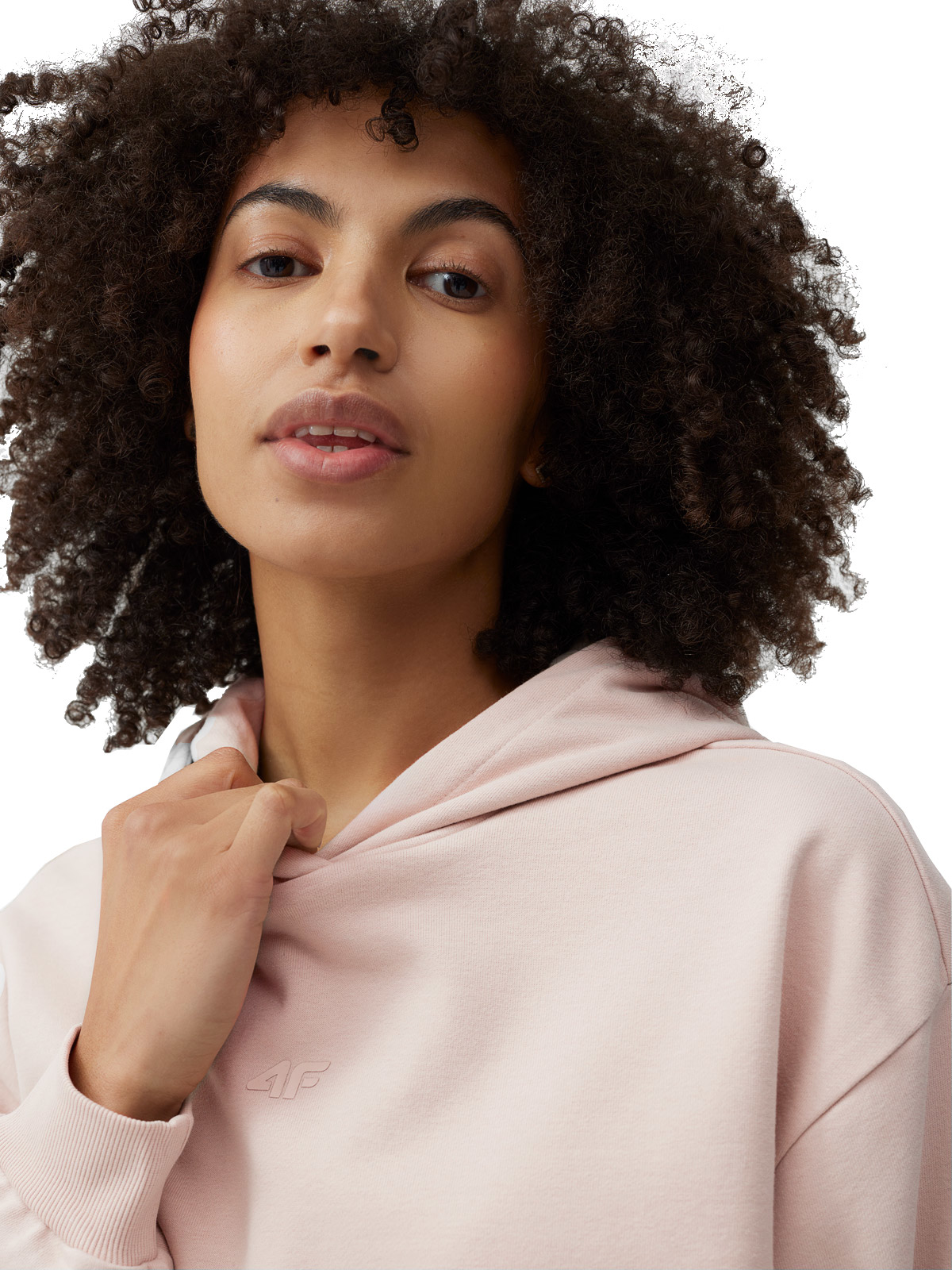 4F BLUZA DRESOWA DAMSKA Z KAPTUREM CROP-TOP Kolor beżowy