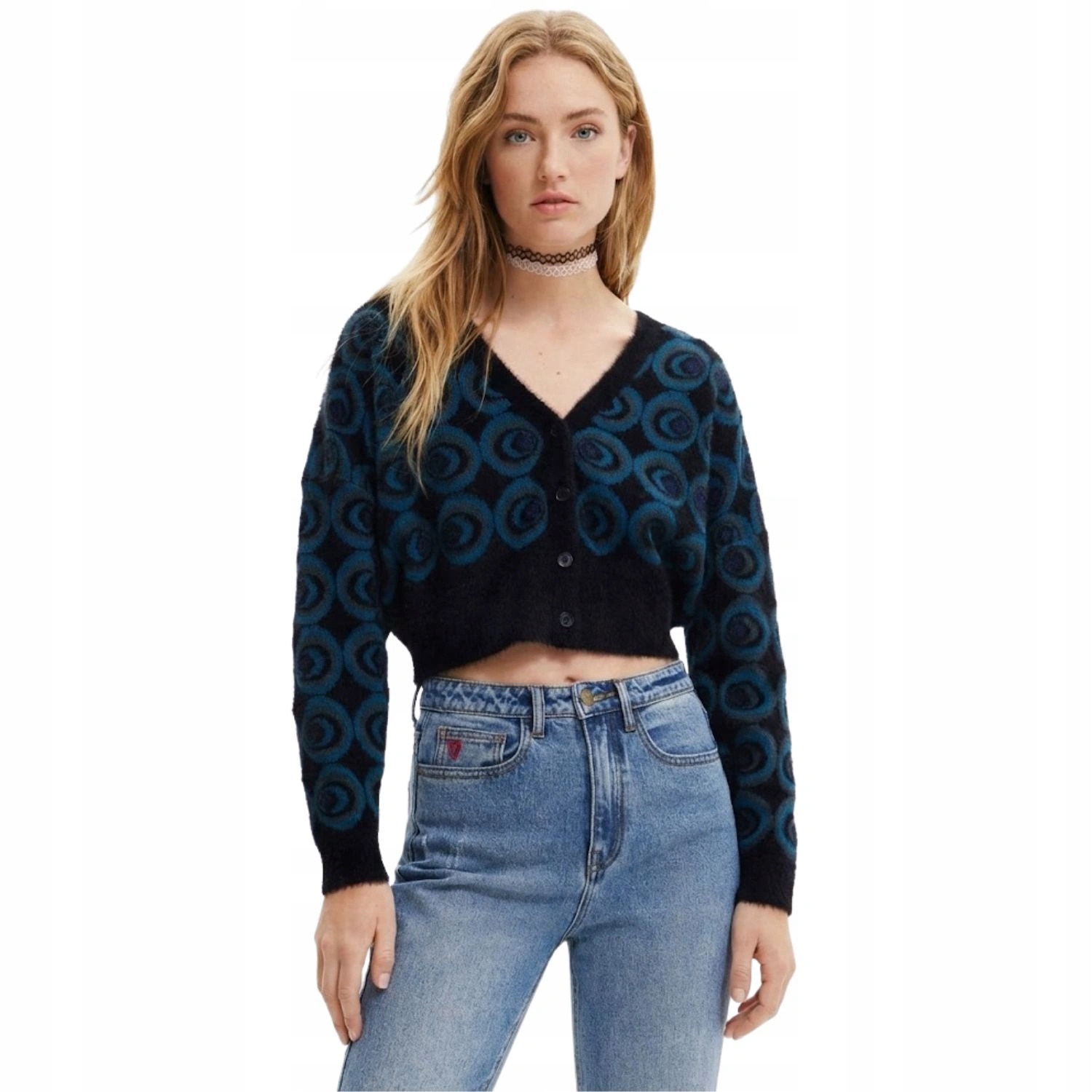 Dámský svetr Desigual Hera rozepínací kardigan s černými vzory, krátký vel. XL