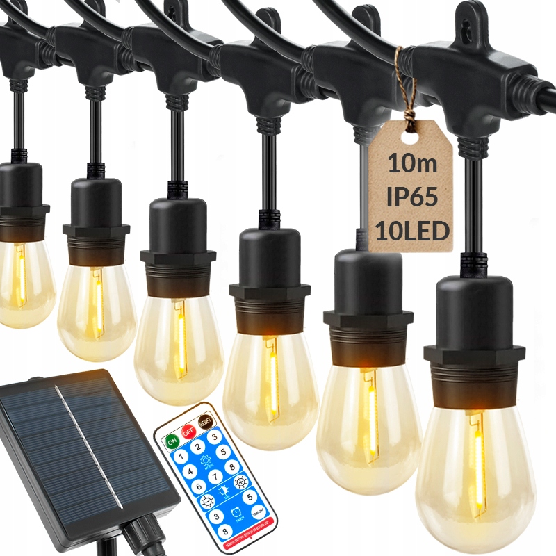 Wodoszczelna Girlanda Solarna Lampki Ozdobne Żarówki Filament Ciepły 10m