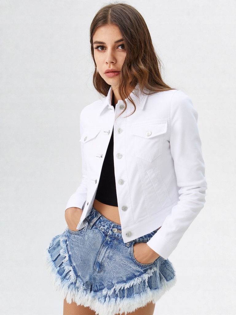 Kurtka damska jeans BIAŁA KATANA na guziki Miss Sisi z kieszeniami M Rodzaj jeansowa