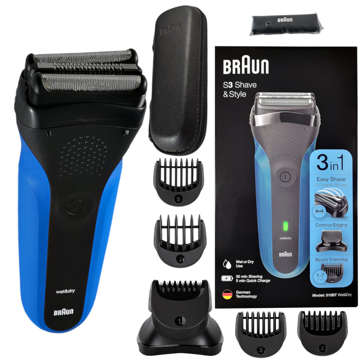 Holicí Strojek pánský Braun 310BT zelený s zastřihovačem 5 nástavců Wet & Dry Pouzdro
