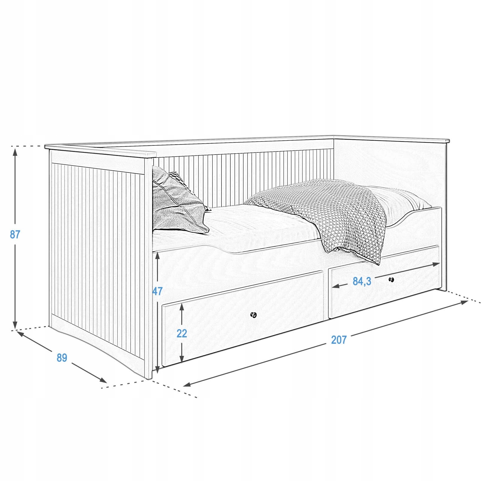 ŁÓŻKO ROZKŁADANE MŁODZIEŻOWE Z SZUFLADAMI I MATERACAMI 80x200 HELMES BIAŁE Materiał korpusu płyta MDF