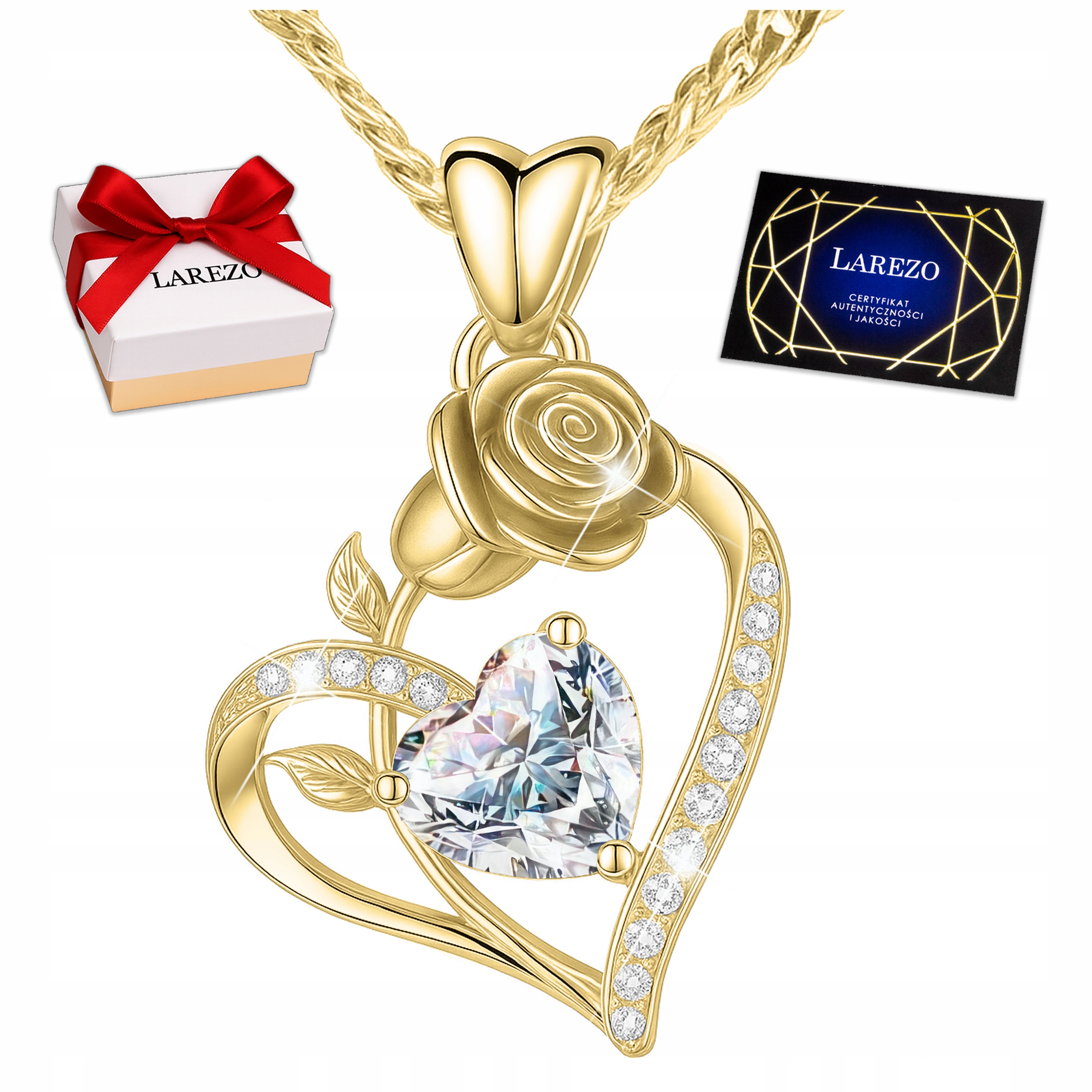 Zlatý náhrdelník Srdce s růží 585 Bílé křišťálové srdíčko Stříbro 925