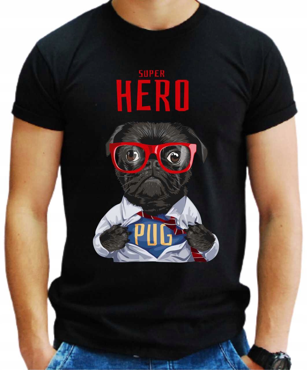 

T-shirt czarny męski Mops Pug z nadrukiem XXL