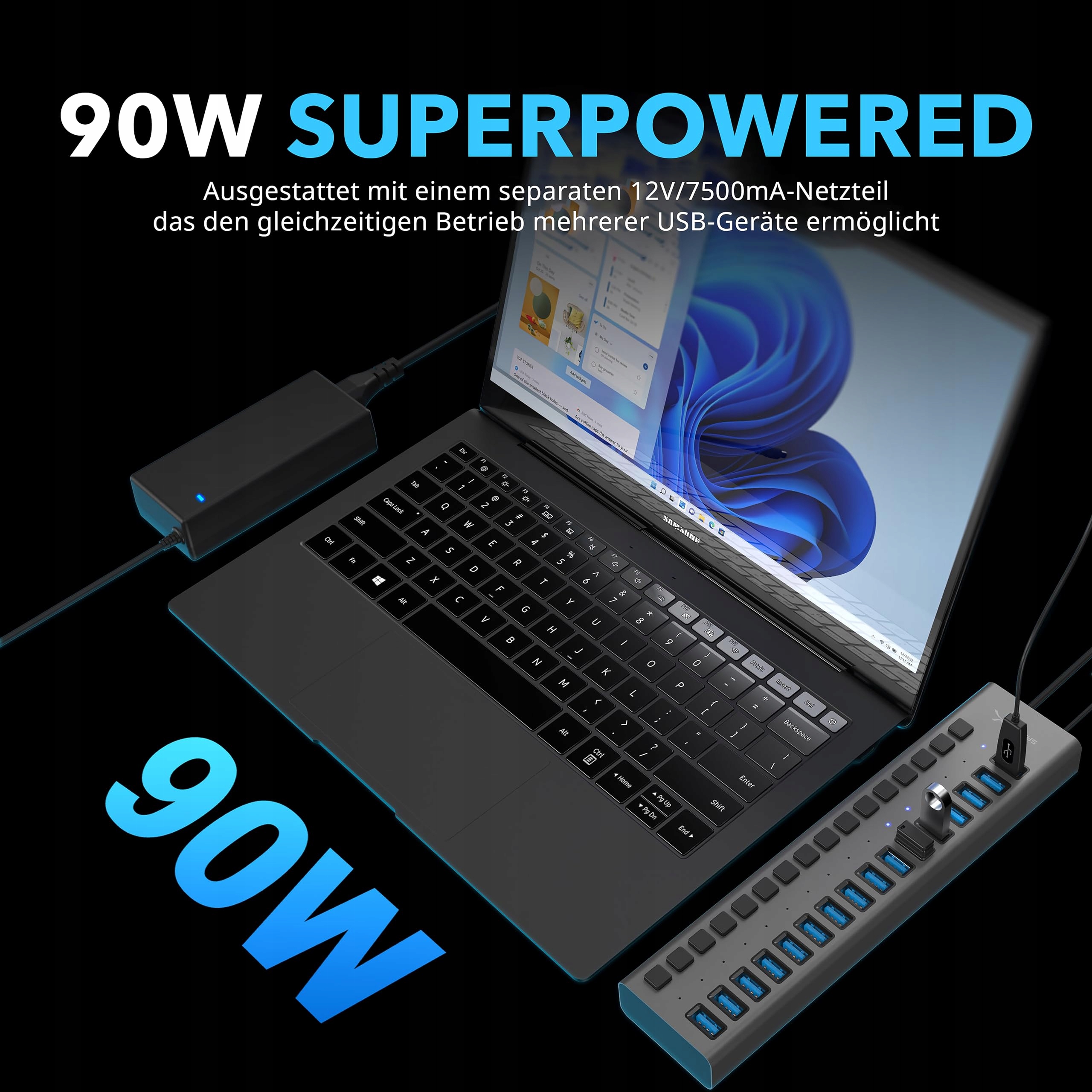 SABRENT 2w1 Ładowarka USB i Hub 90W Stacja Ładowania USB Hub z Włącznikiem — miniatura 3