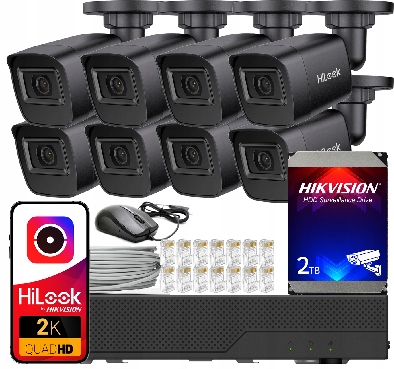 Sada monitorování Ip 4MPx 8 kamer PoE IPC-B141H-C Black HiLook Hikvision