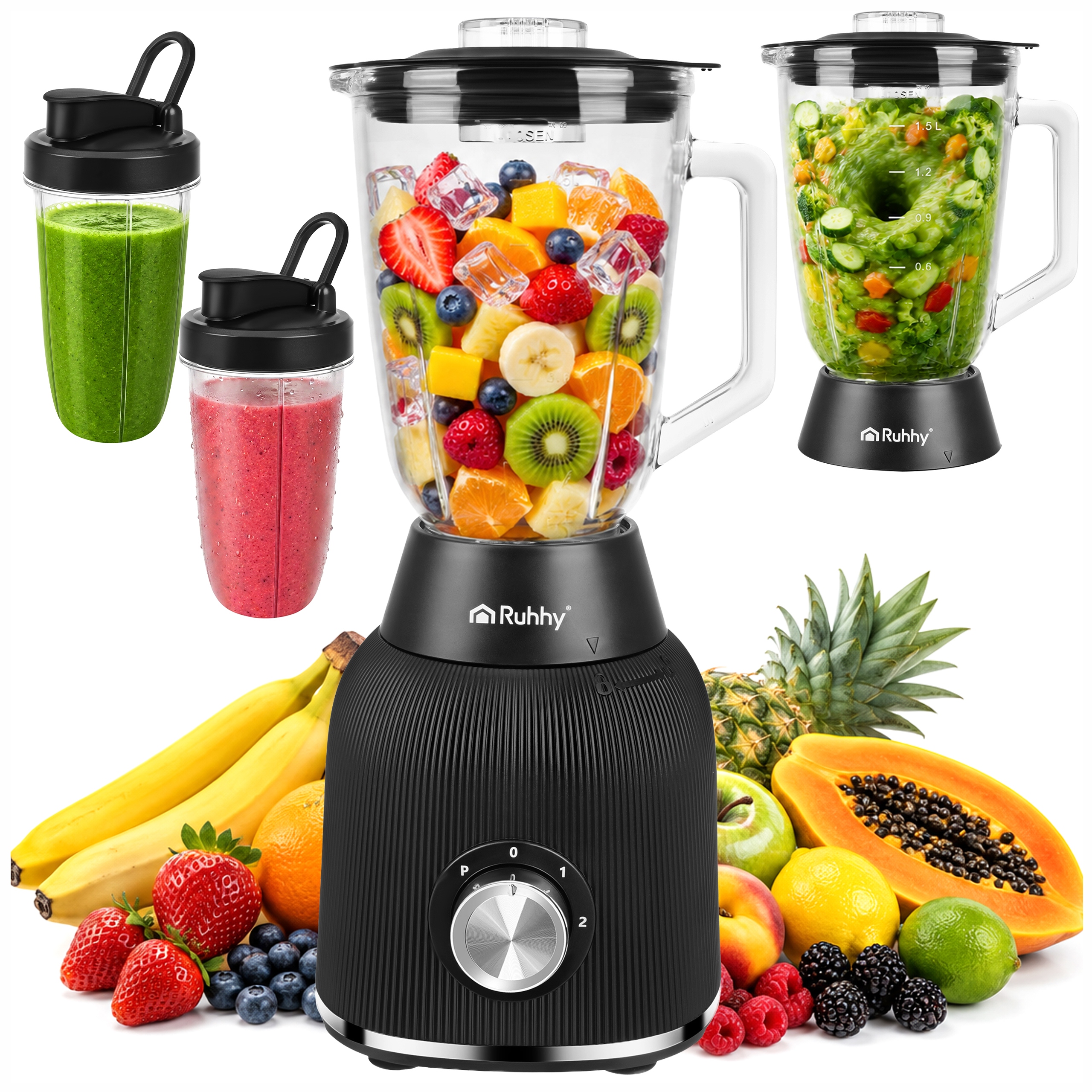 Blender Kielichowy Szklany Kruszy Lód Smoothie Miksuje 1200W 2x Bidony