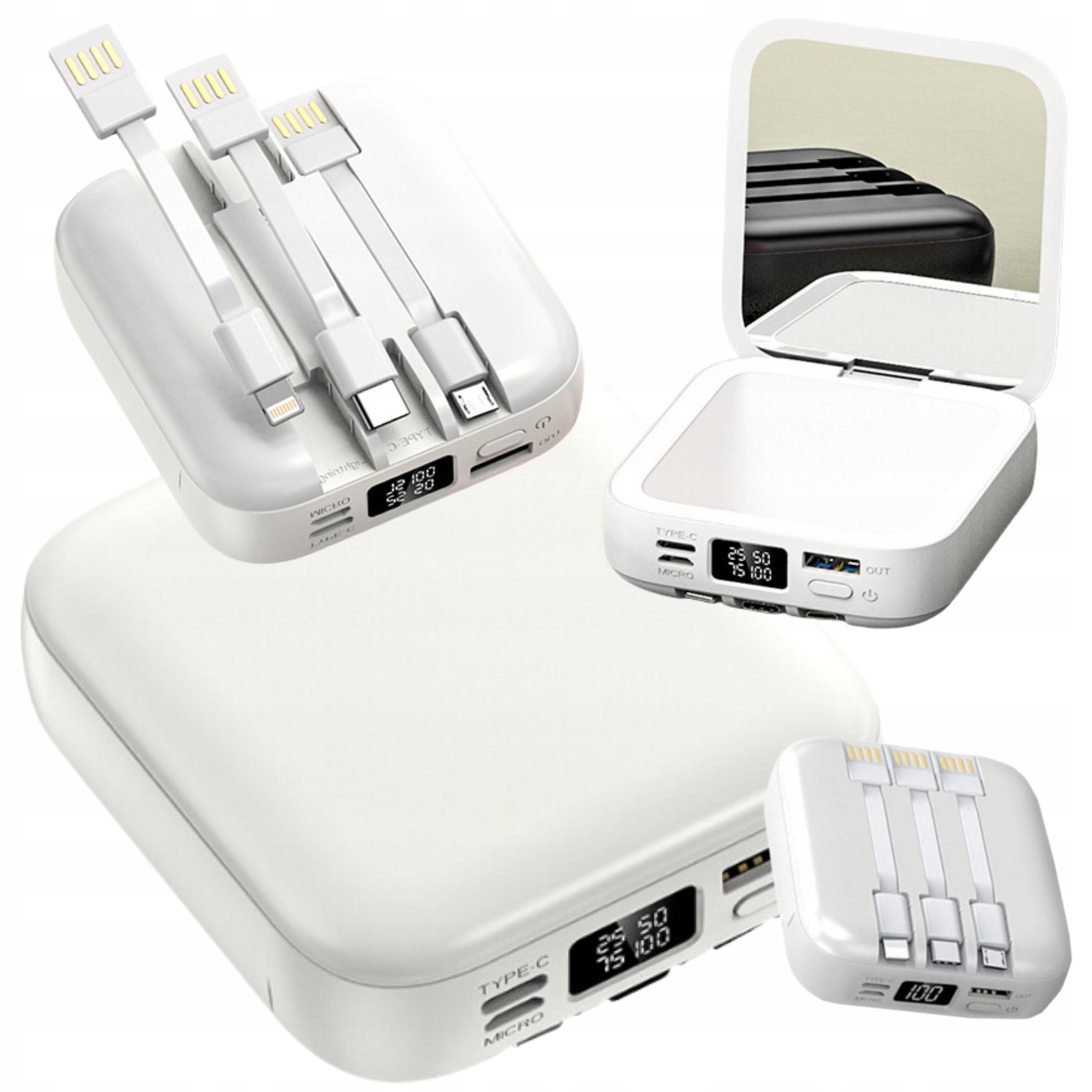 Mocny Szybki Powerbank Ładowarka 10000MAH Usb-c Micro Lighting Lusterko