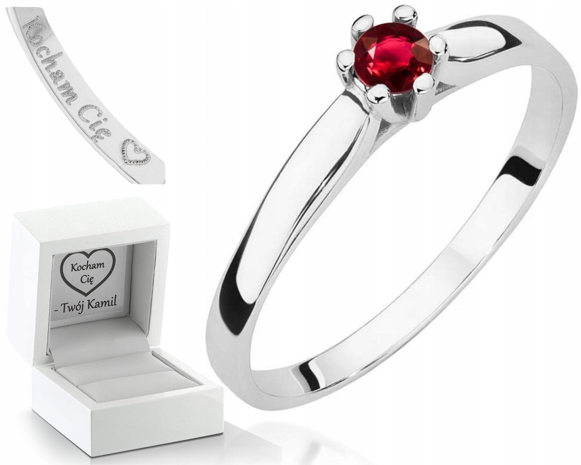 Bílé Zlato Prstýnek Pro Zásnuby Rubín 585 Gravírování Dárek