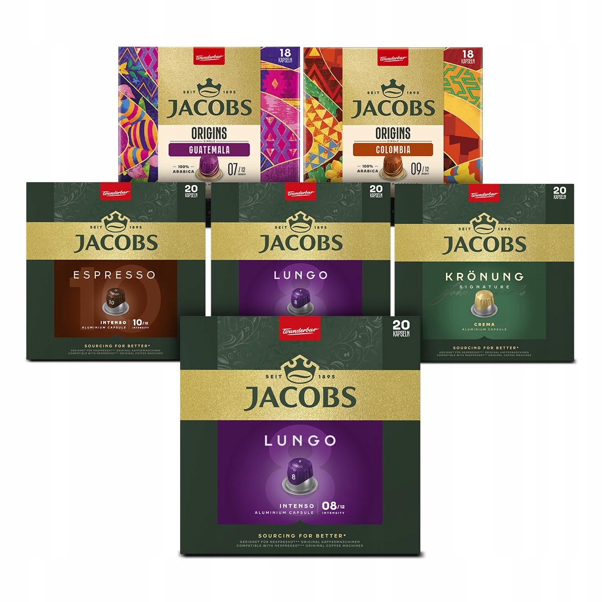 Kapsułki do Nespresso Jacobs Lungo, Espresso Intenso, Signature, Origins