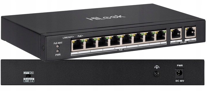 Switch PoE 8 portů PoE 2x Uplink 60W Výkonný pro Ip kamery HiLook Hikvision