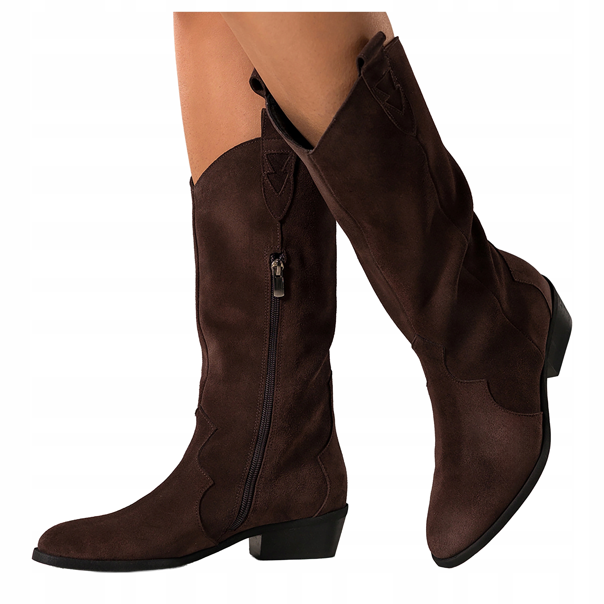 Dámské čokoládové kozačky Kovbojské Boty Semišové Modní Kožené Polské vel. 37